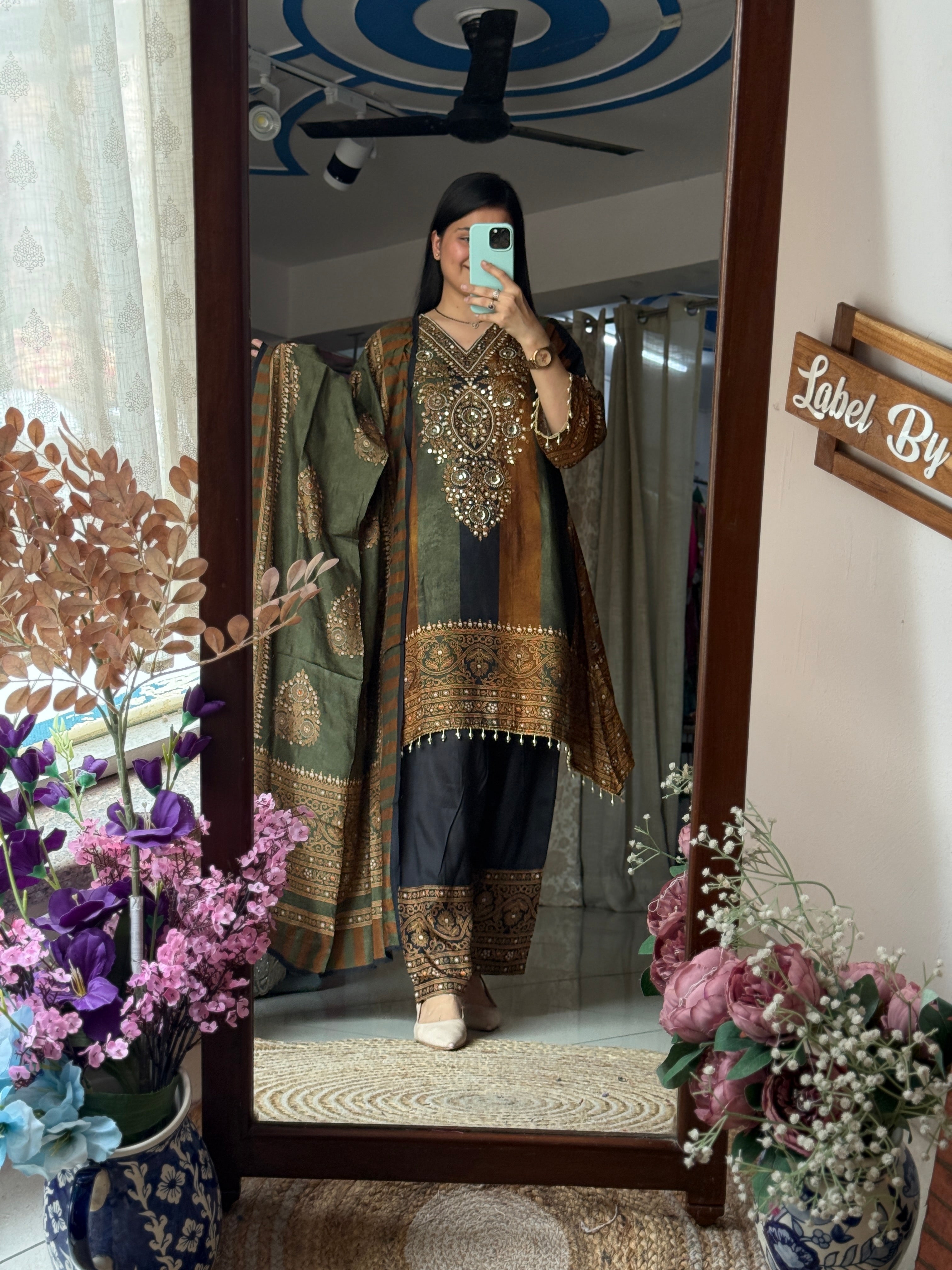Muslin Partywear Suit |Hand Embroidered | Cotton lining| With beautiful Duppata | Designer back print |Farshi Salwar