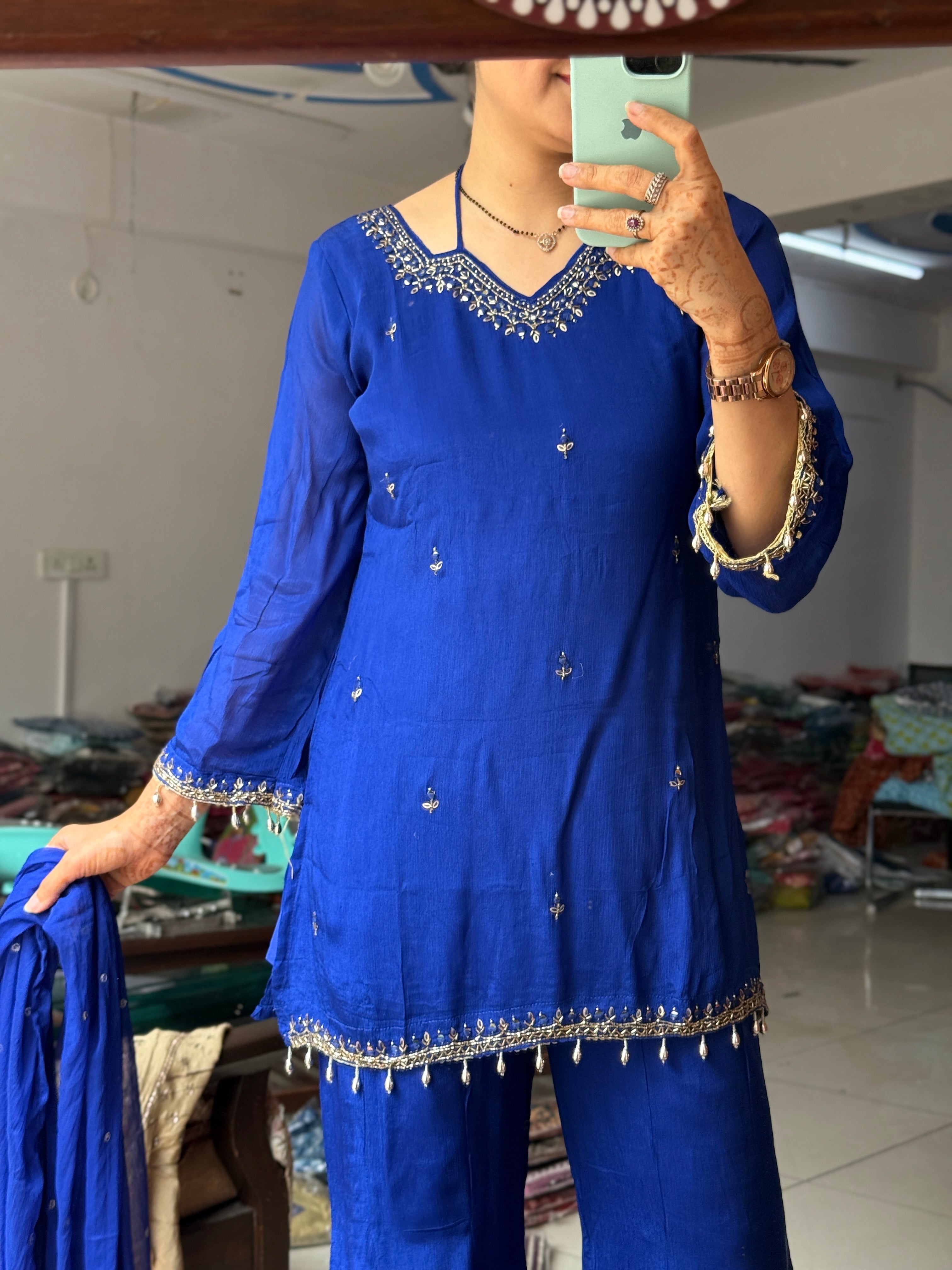 Blue Sharara Set| Chinon | lining in top + bottom | Hand Embroidered | Embroidered Duppata