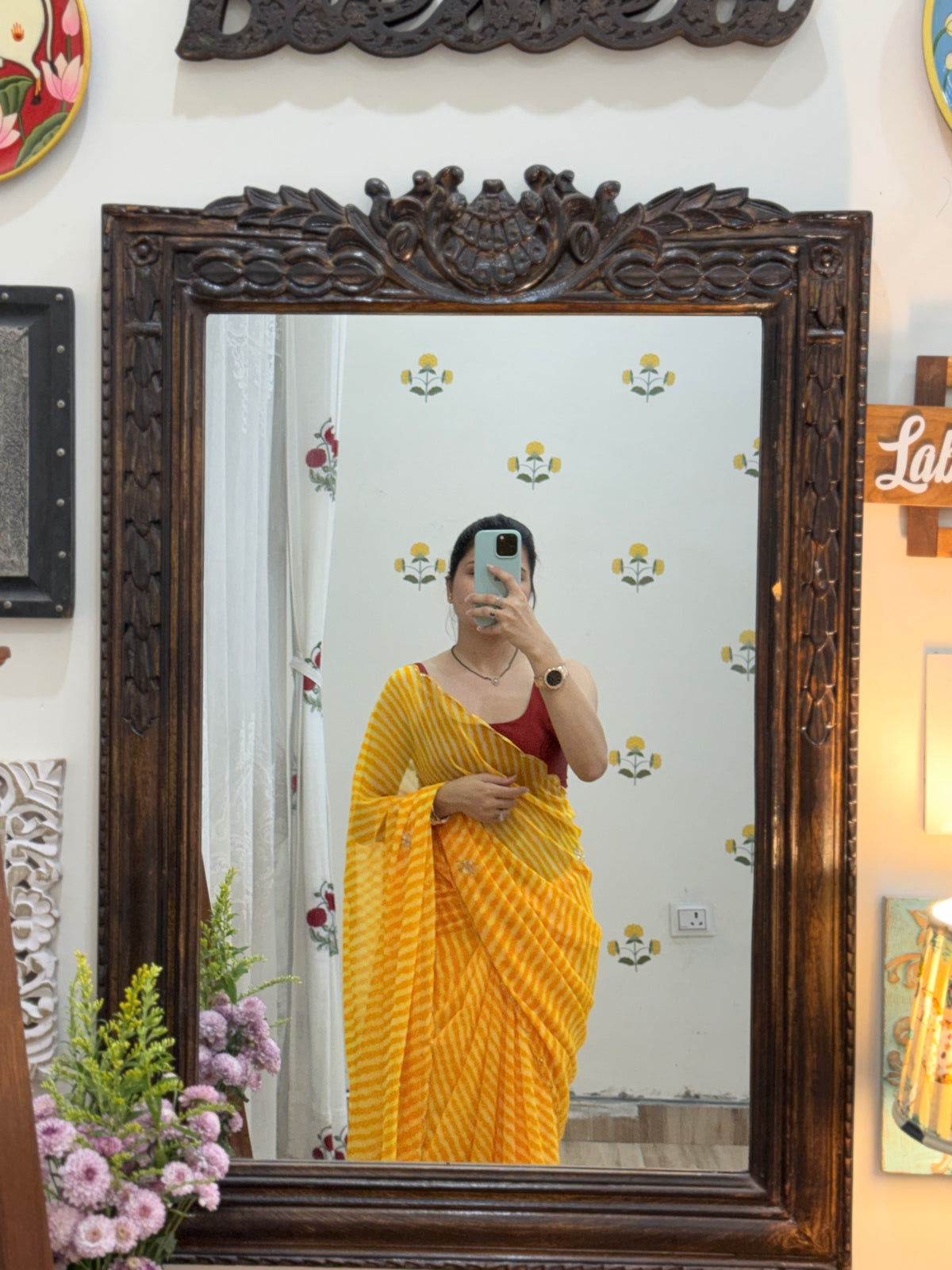 Mustard Yellow |Pure Georgette Digital Printed Saree| Handwork cutdana detailing| Without blouse