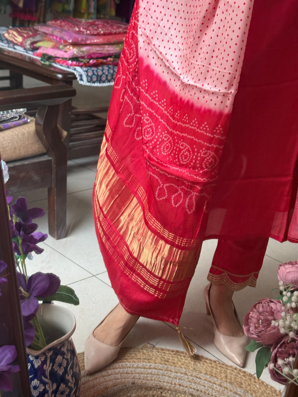 Gajji Silk bandhani Suit Set for Women | Embroidered neckline | Cotton lining| Bandhani Dupatta with lugdi patta