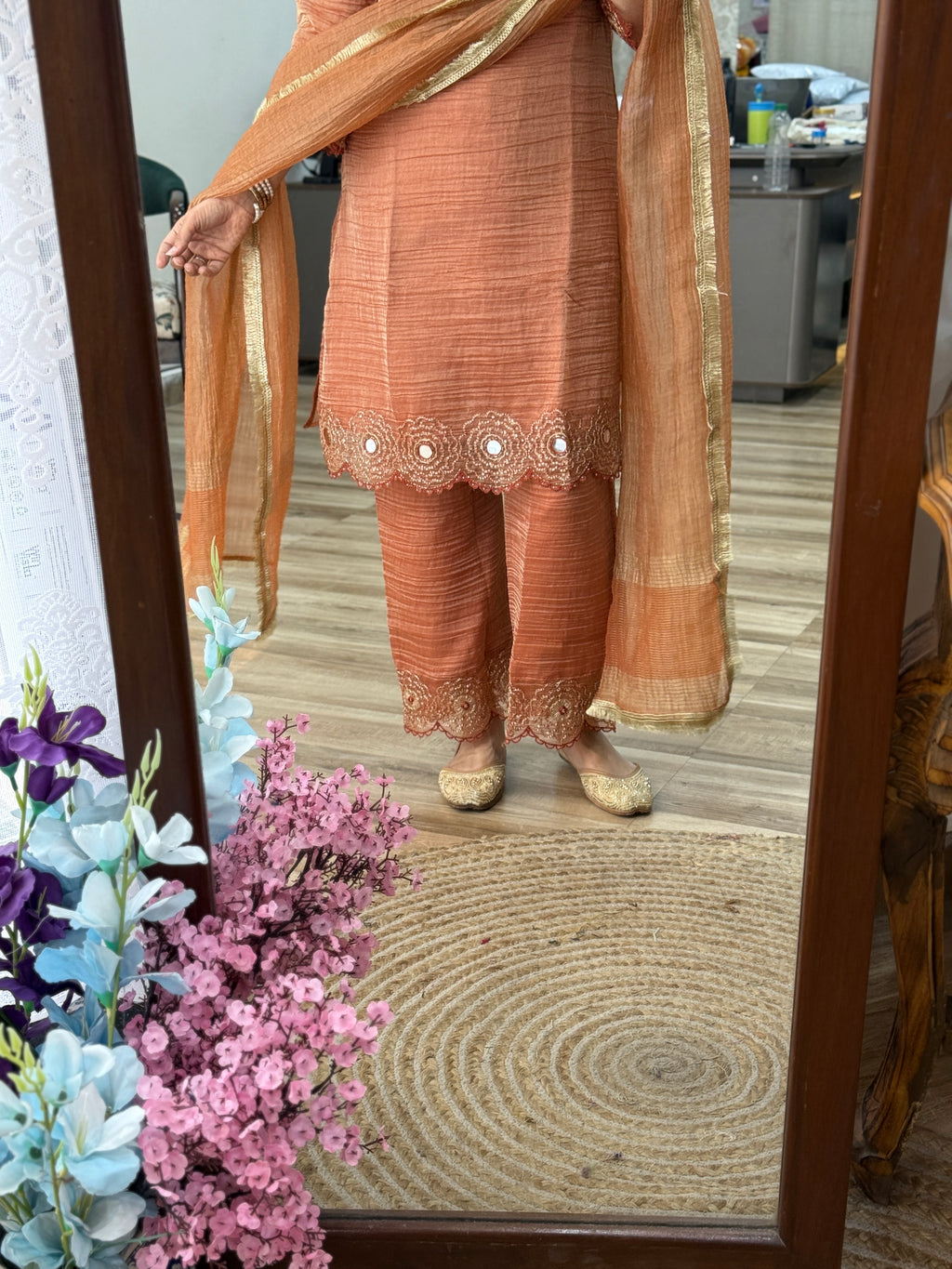 Orange Crushed Tissue Suit Set| Hand Embroidered |With lining in top & bottom| Beautiful Duppata