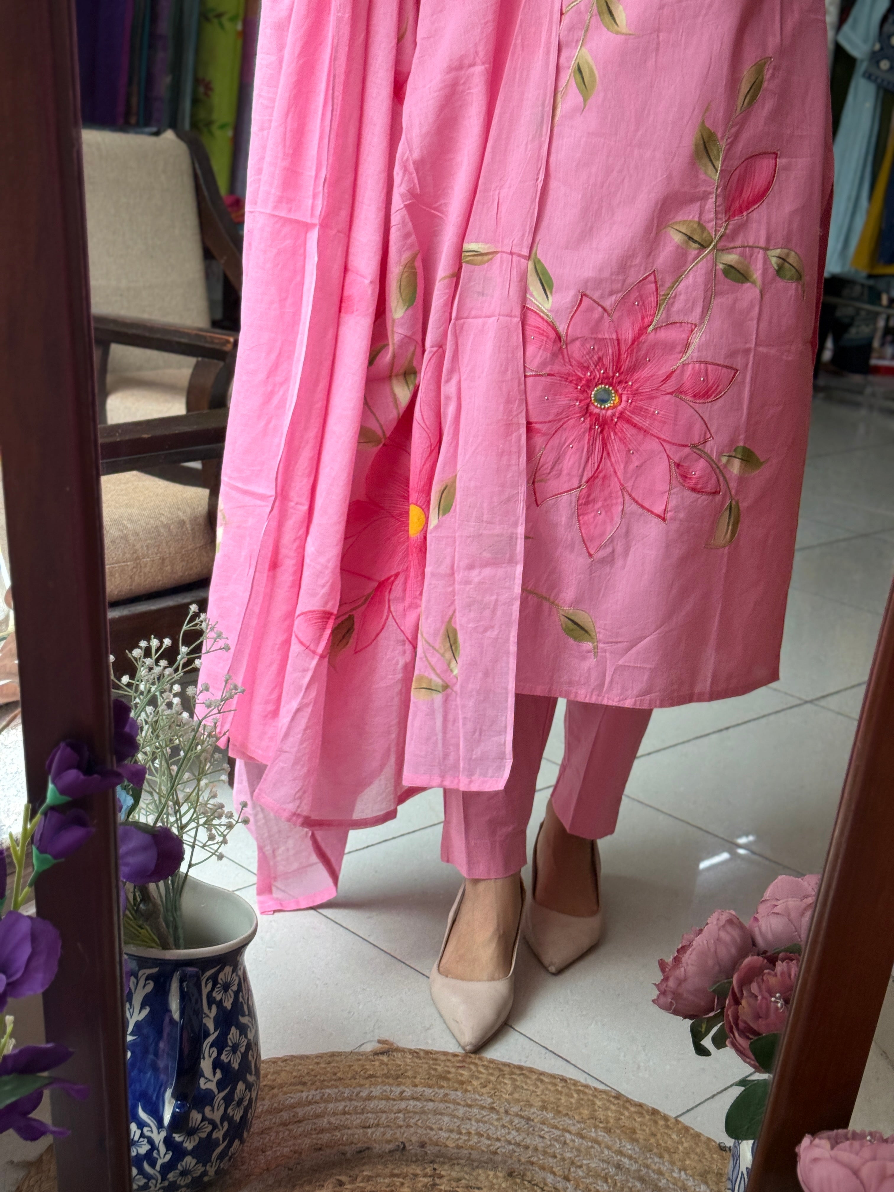 Hand painted | Cotton Suit| Mul cotton Handpainted Duppata| Festive Special