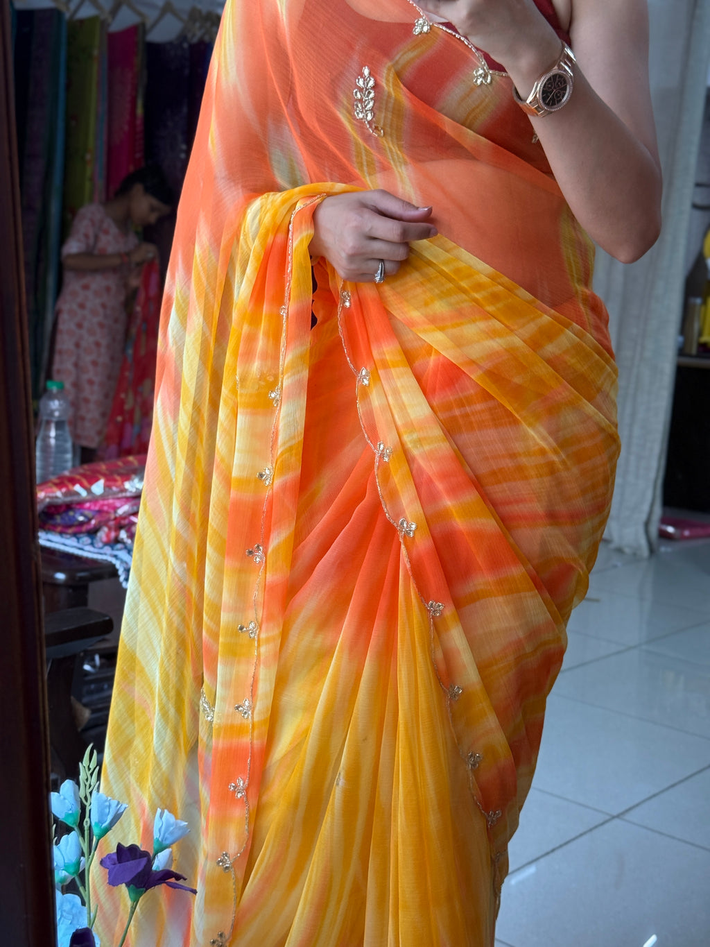 Dual yellow|Pure Georgette Digital Printed Saree| Handwork cutdana detailing| Without blouse
