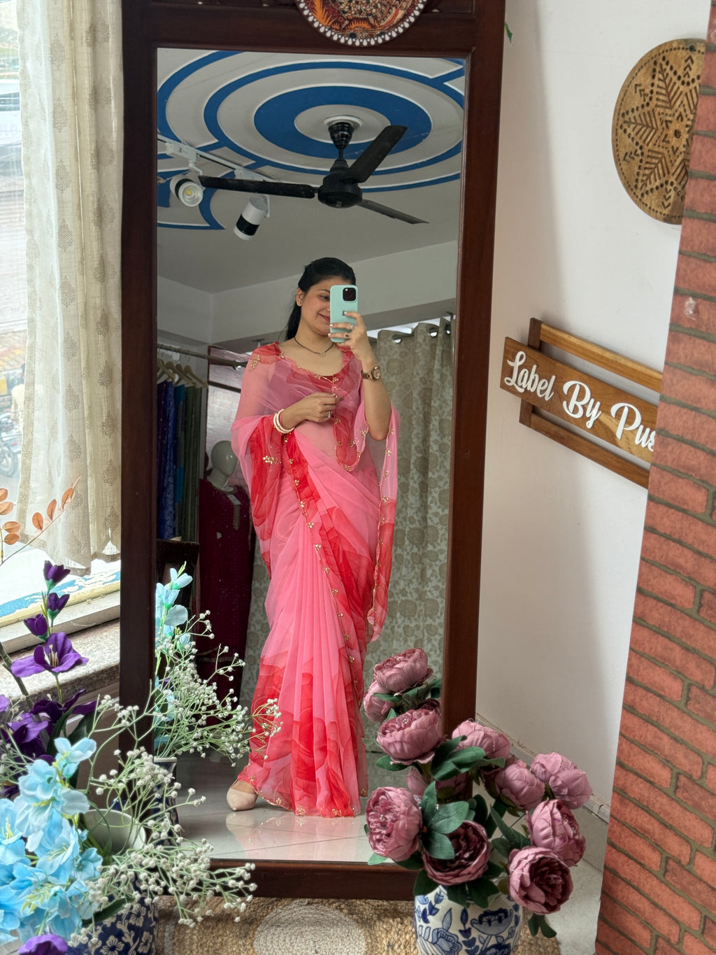 Pink Pure Georgette Handblock Digital Printed Saree| Handwork cutdana detailing| Without blouse