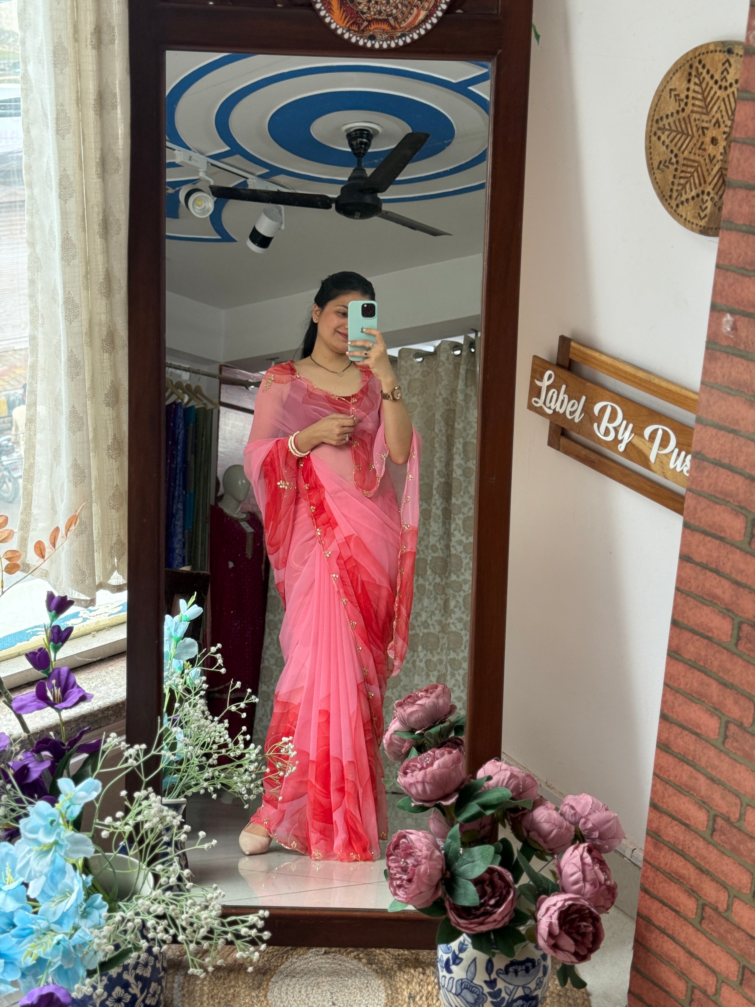 Pink Pure Georgette Handblock Digital Printed Saree| Handwork cutdana detailing| Without blouse