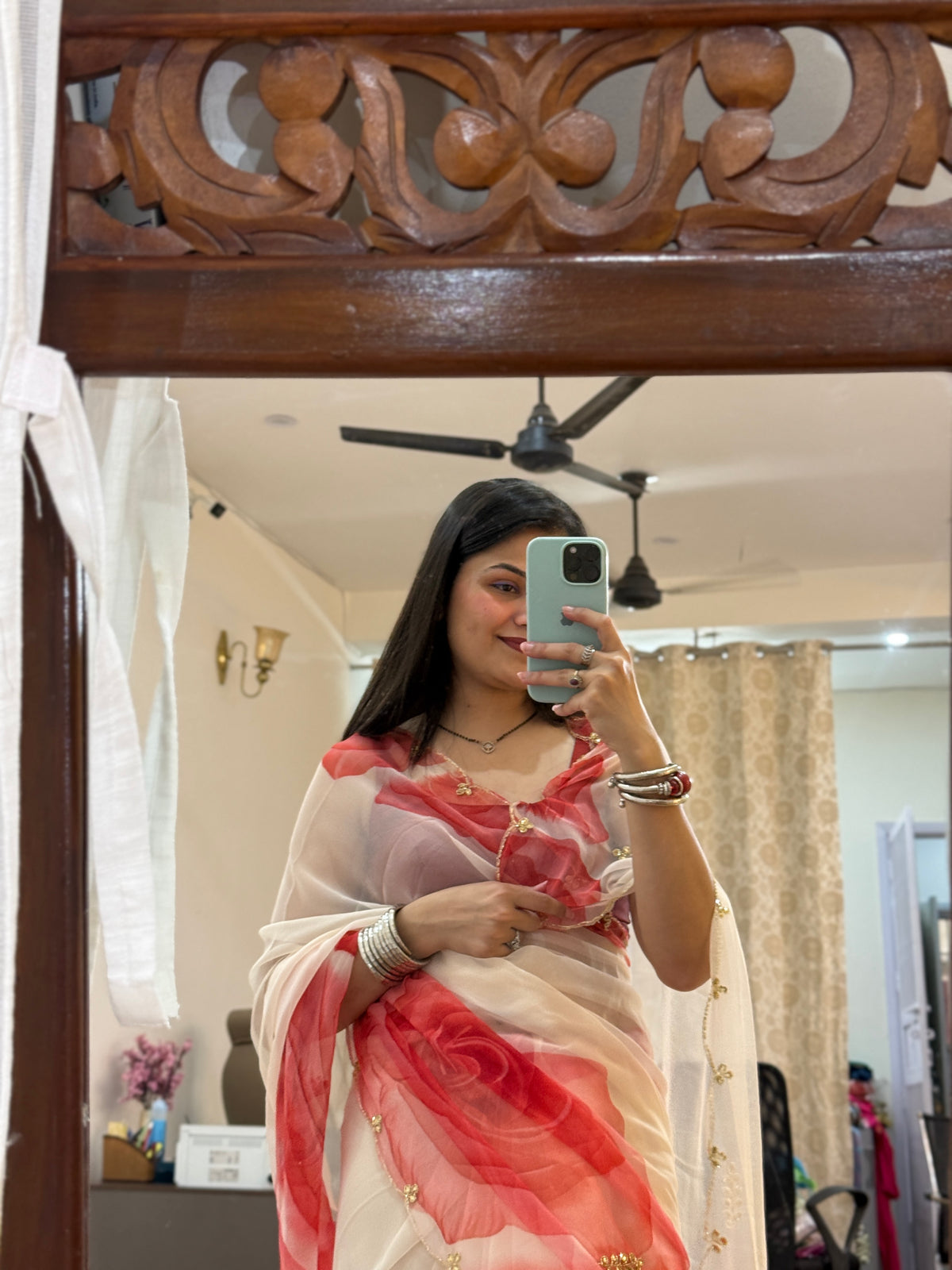Floral Pure Georgette Handblock Digital Printed Saree| Handwork cutdana detailing| Without blouse