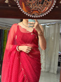 Red Pure Georgette Handblock Leheriya Printed Saree| Handwork cutdana detailing| Without blouse