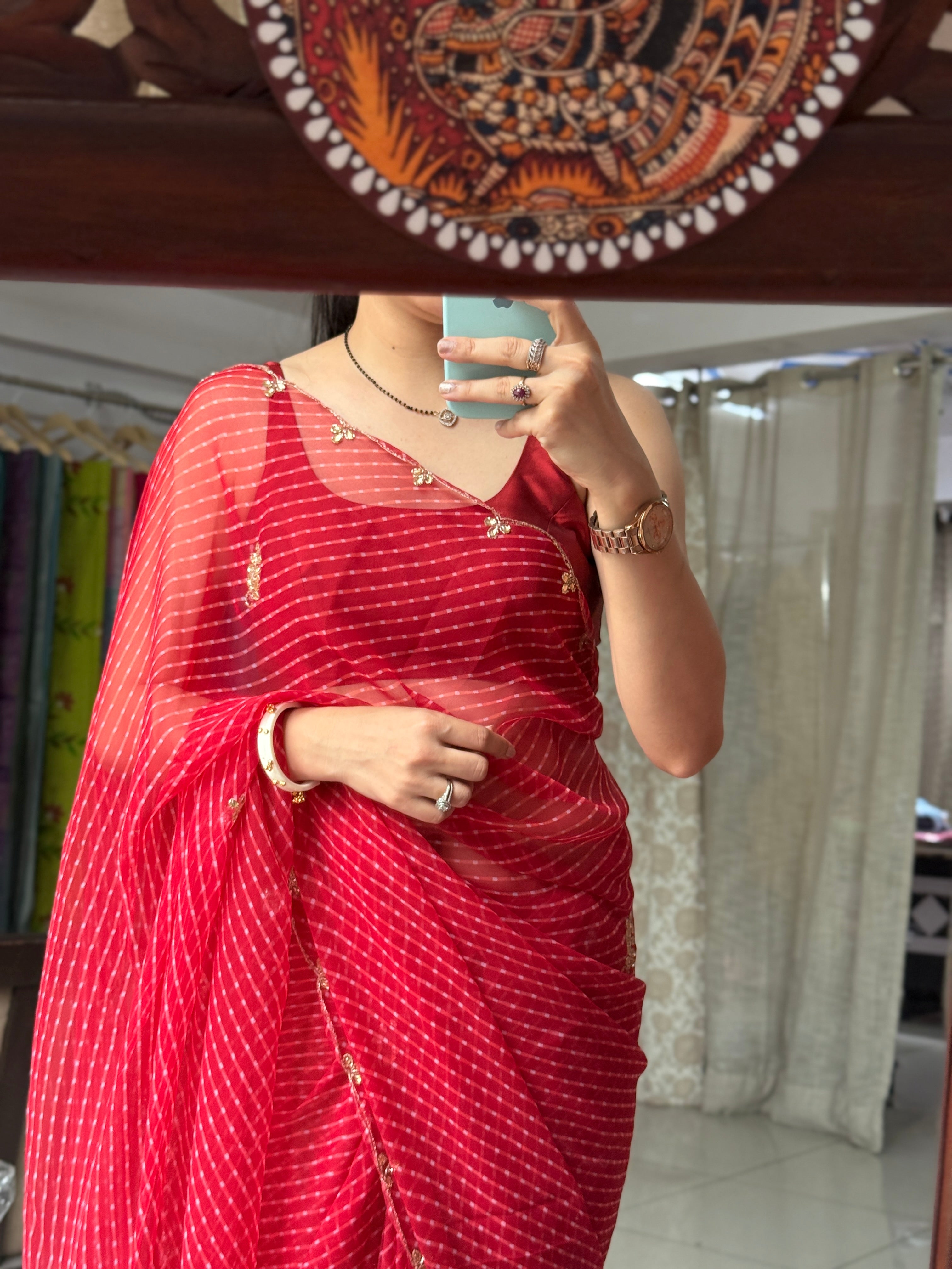 Red Pure Georgette Handblock Leheriya Printed Saree| Handwork cutdana detailing| Without blouse