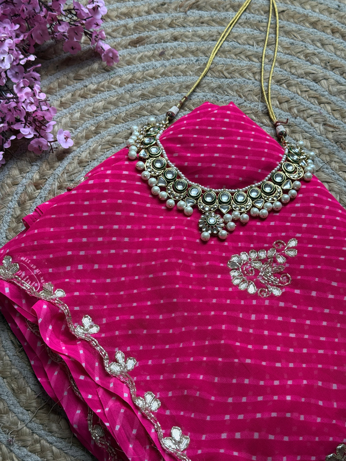 Pink Leheriya | Pure Georgette Handblock Digital Printed Saree| Handwork cutdana buta detailing| With blouse