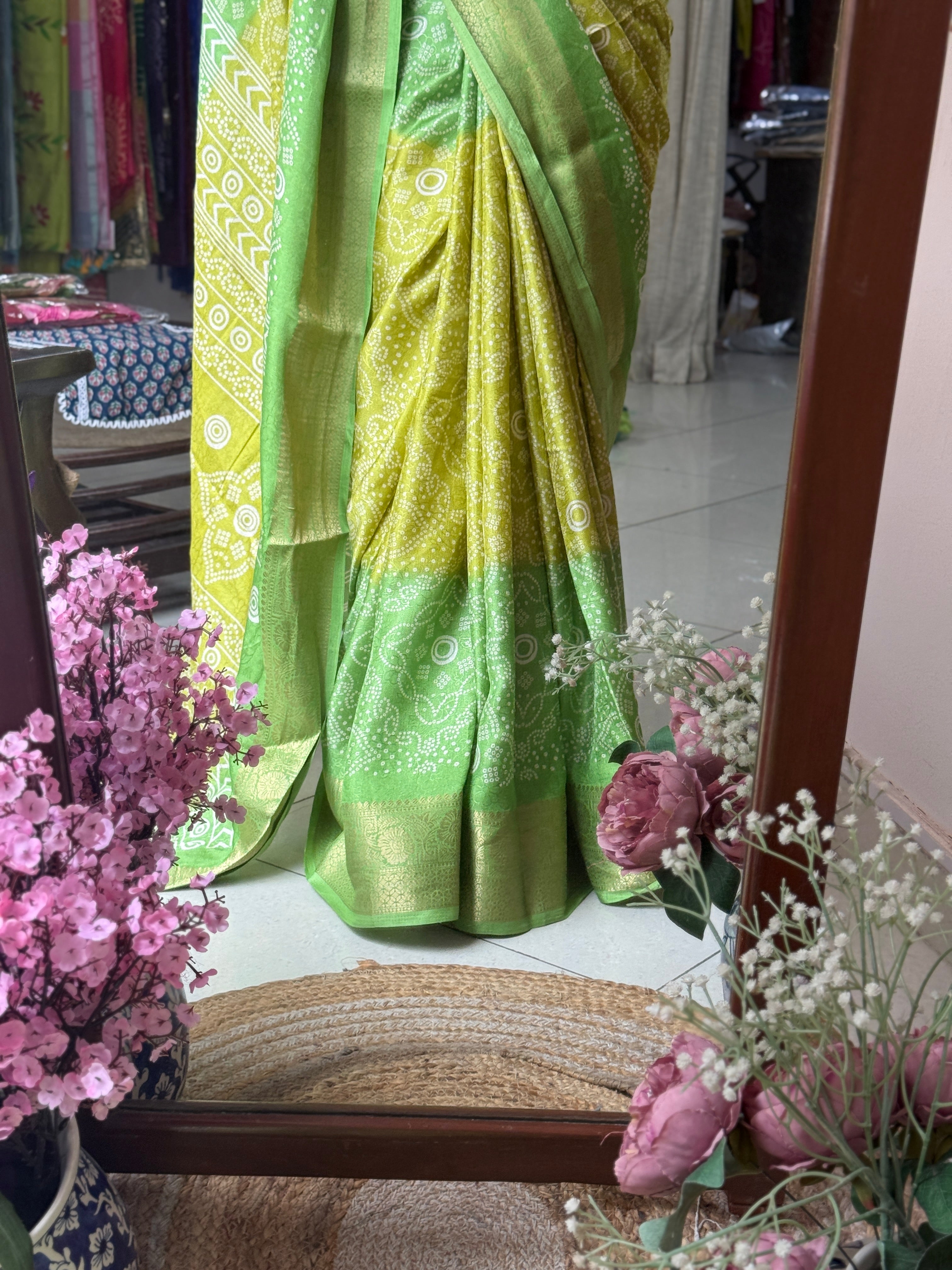 Green Yellow Bandhani Saree|  Woven border on both sides| With blouse| Self weave dola silk