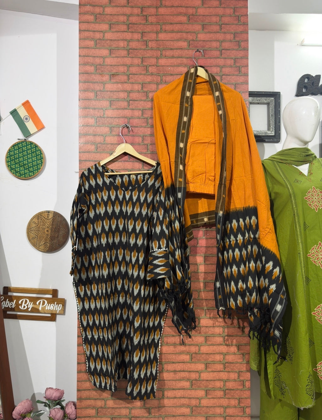 Yellow Black Suit Set| Woven Ikat | | Cotton