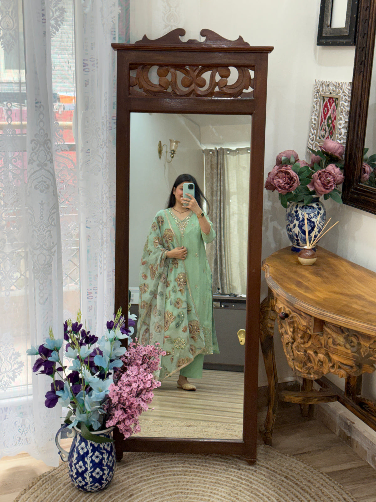 Pista Green Suit set | With cotton lining| Hand Embroidered Kurta| Embroidered Organza Duppata | Crepe