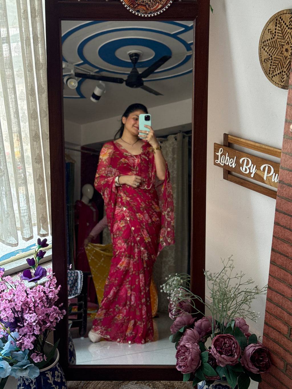 Crimson floral |Pure Georgette Digital Printed Saree| Handwork cutdana detailing| Without blouse