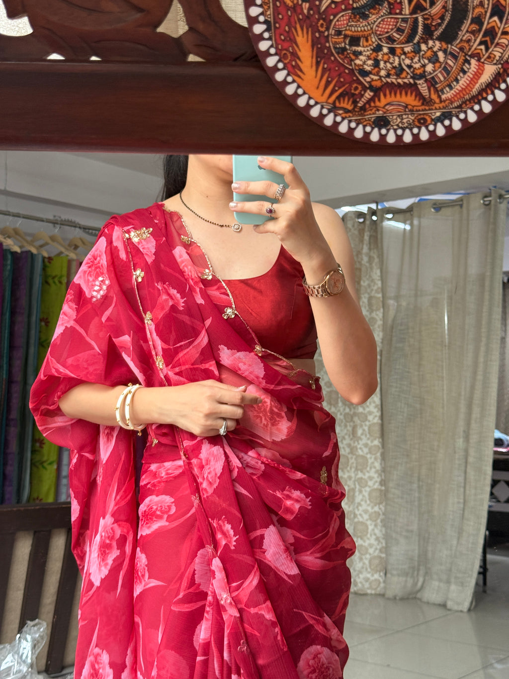 Red Pure Georgette Handblock Digital Printed Saree| Handwork cutdana detailing| Without blouse