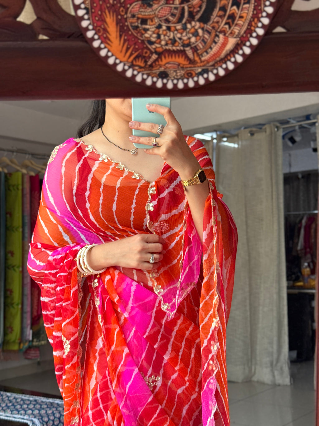 Orange Pink Pure Georgette Handblock Digital Printed Saree| Handwork cutdana buta detailing| With blouse