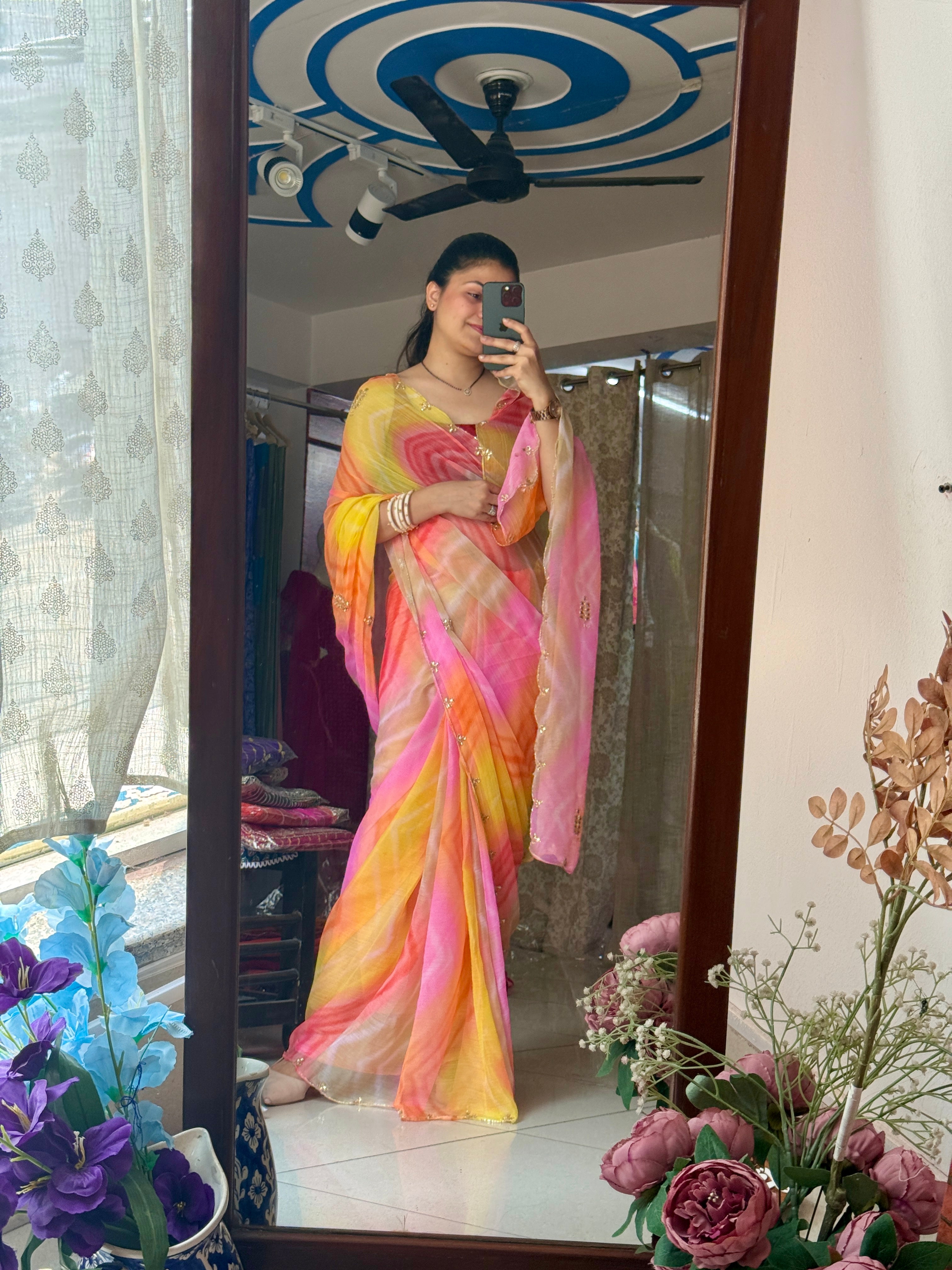 Multi colour Pure Georgette Digital Printed Saree| Handwork cutdana detailing| Without blouse
