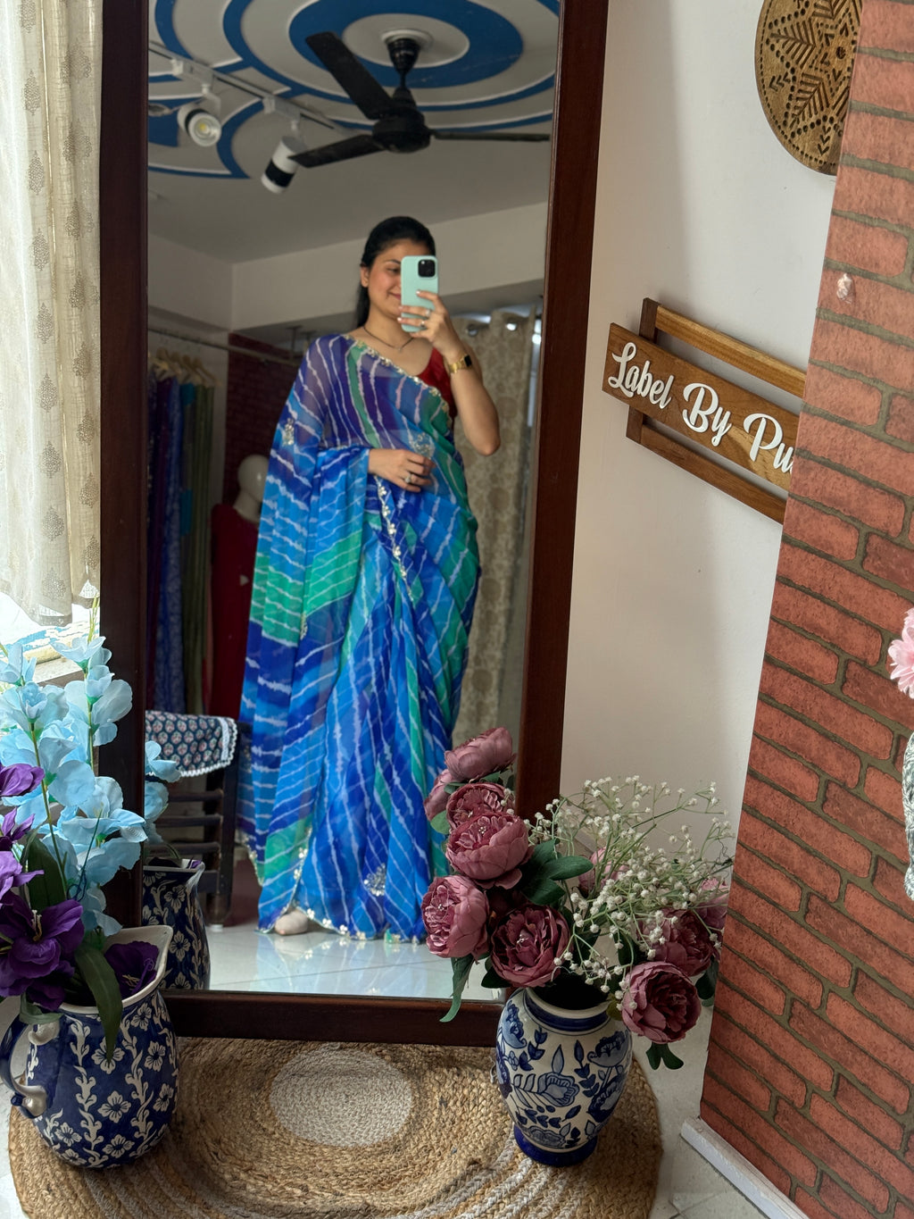 Blue Green Pure Georgette Handblock Digital Printed Saree| Handwork cutdana buta detailing| With blouse