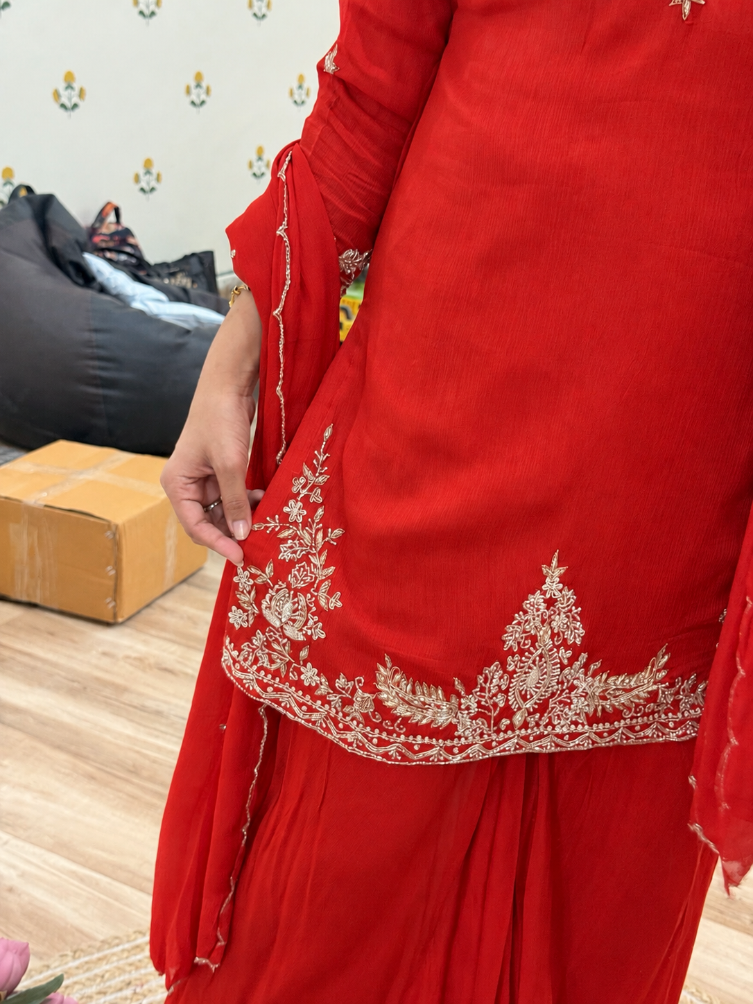 Karwachauth Special Hand embroidered Rust Orange Cutdana Suit| With lining| Chinon|Umbrella cut Plazo