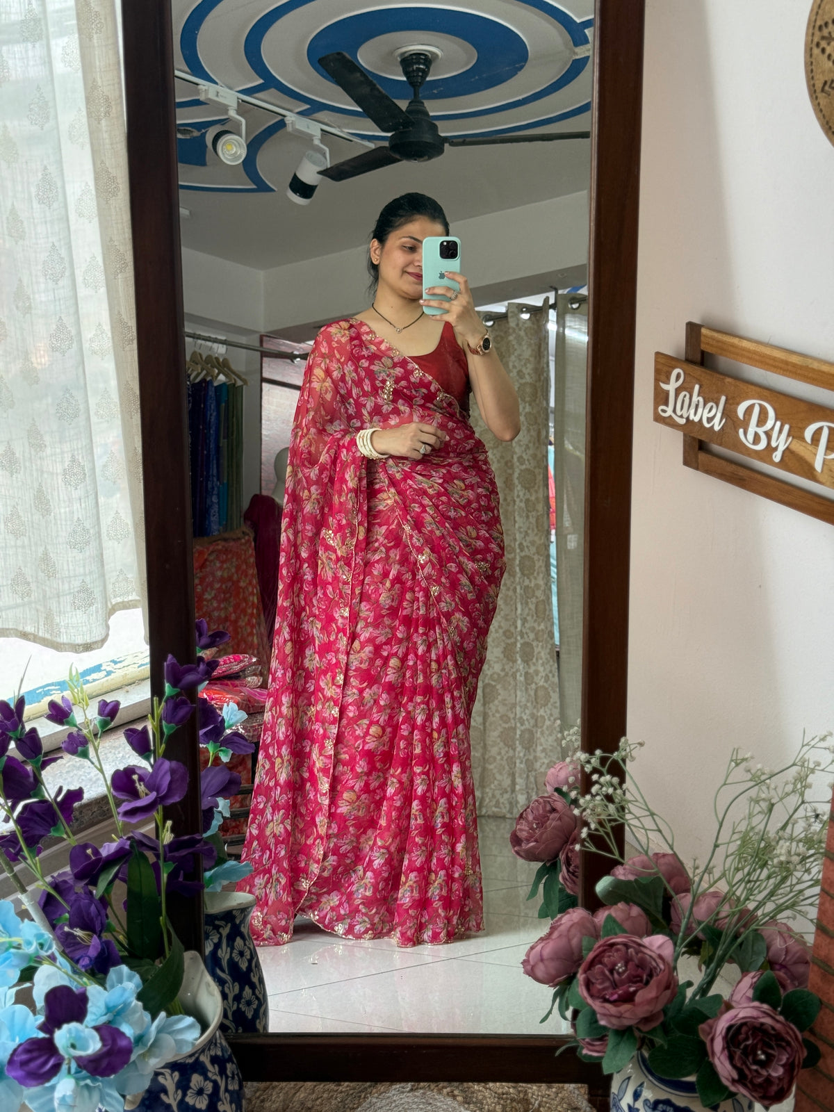 Crimson Pink |Pure Georgette Digital Printed Saree| Handwork cutdana detailing| Without blouse