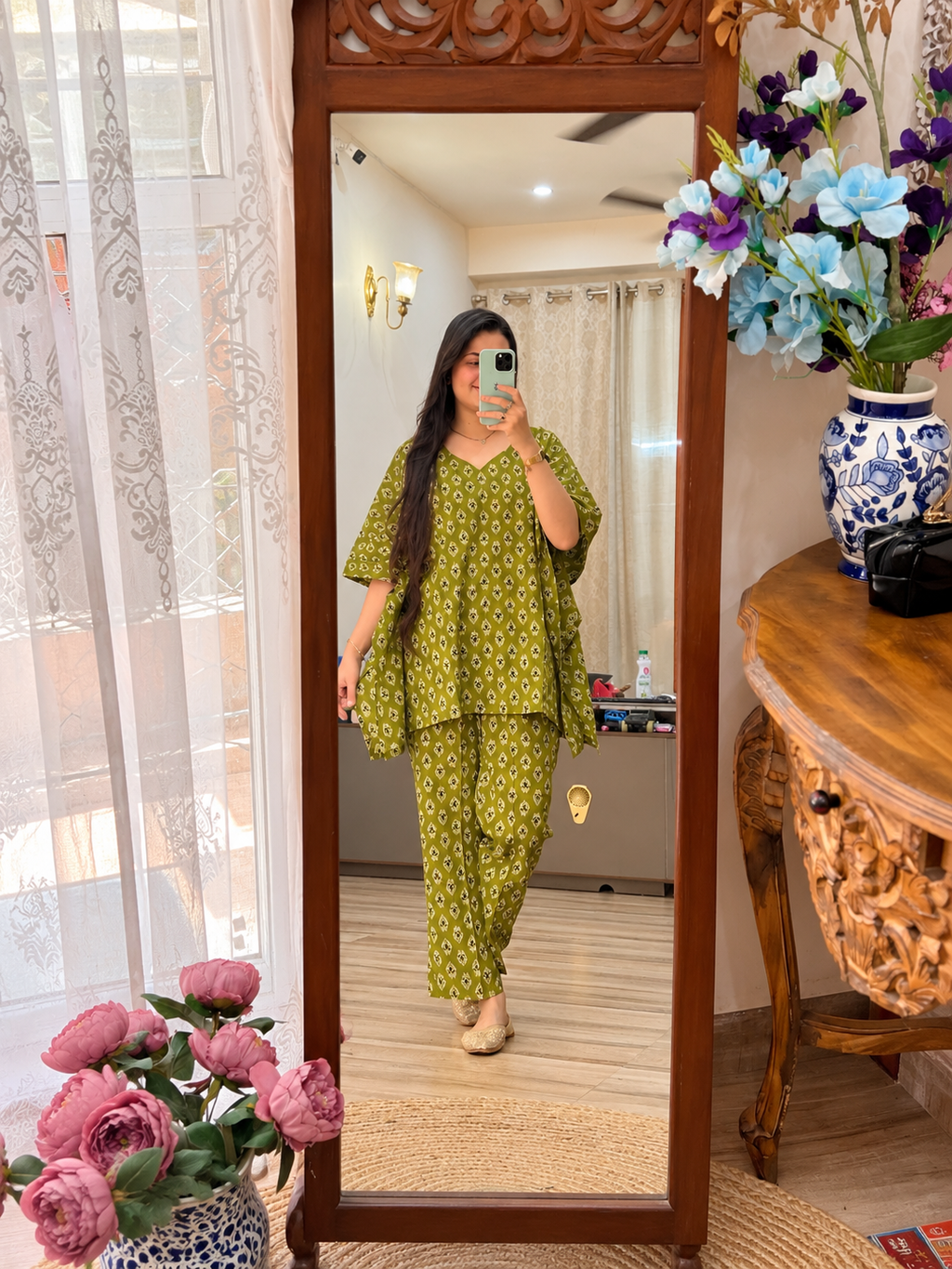 Pure Cotton Green Handblock Printed| kaftan Sets| Bottom with pocket