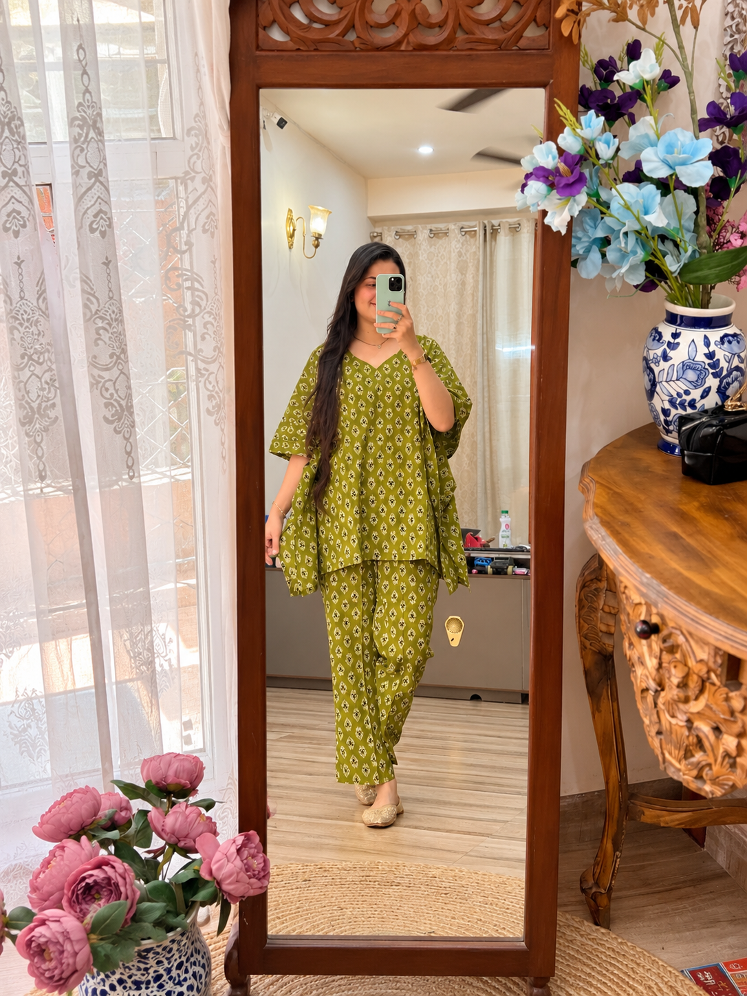 Pure Cotton Green Handblock Printed| kaftan Sets| Bottom with pocket