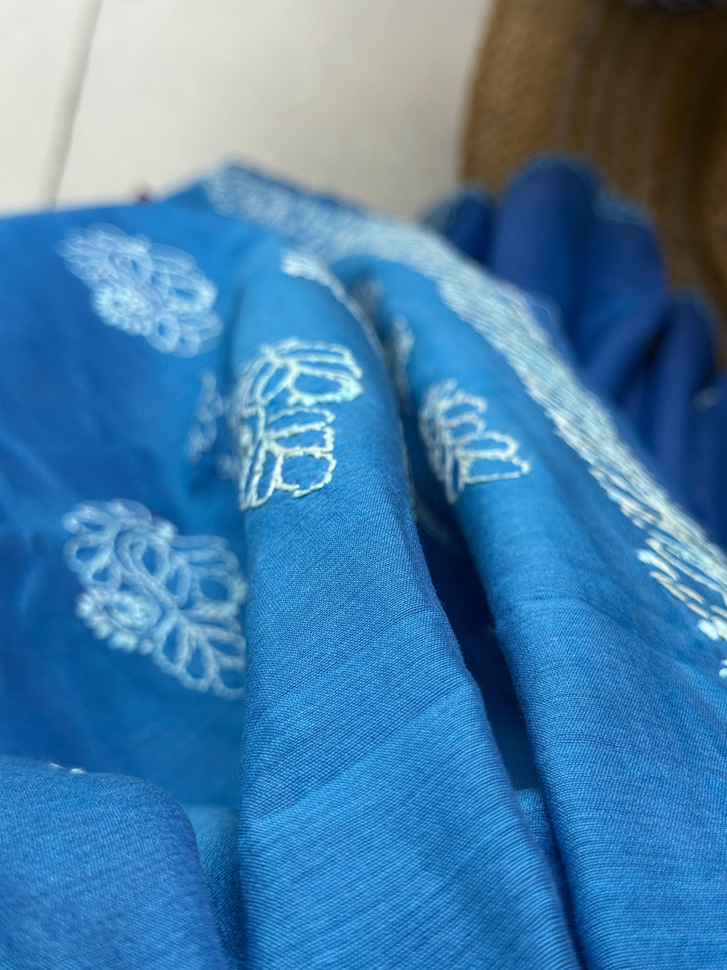 Blue Hand Embroidered Chikanakri Saree| Mul Chanderi Fabric| With embroidered blouse