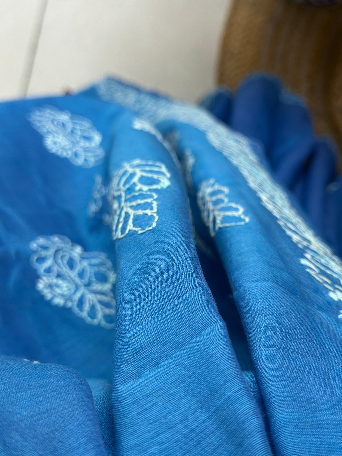 Blue Hand Embroidered Chikanakri Saree| Mul Chanderi Fabric| With embroidered blouse