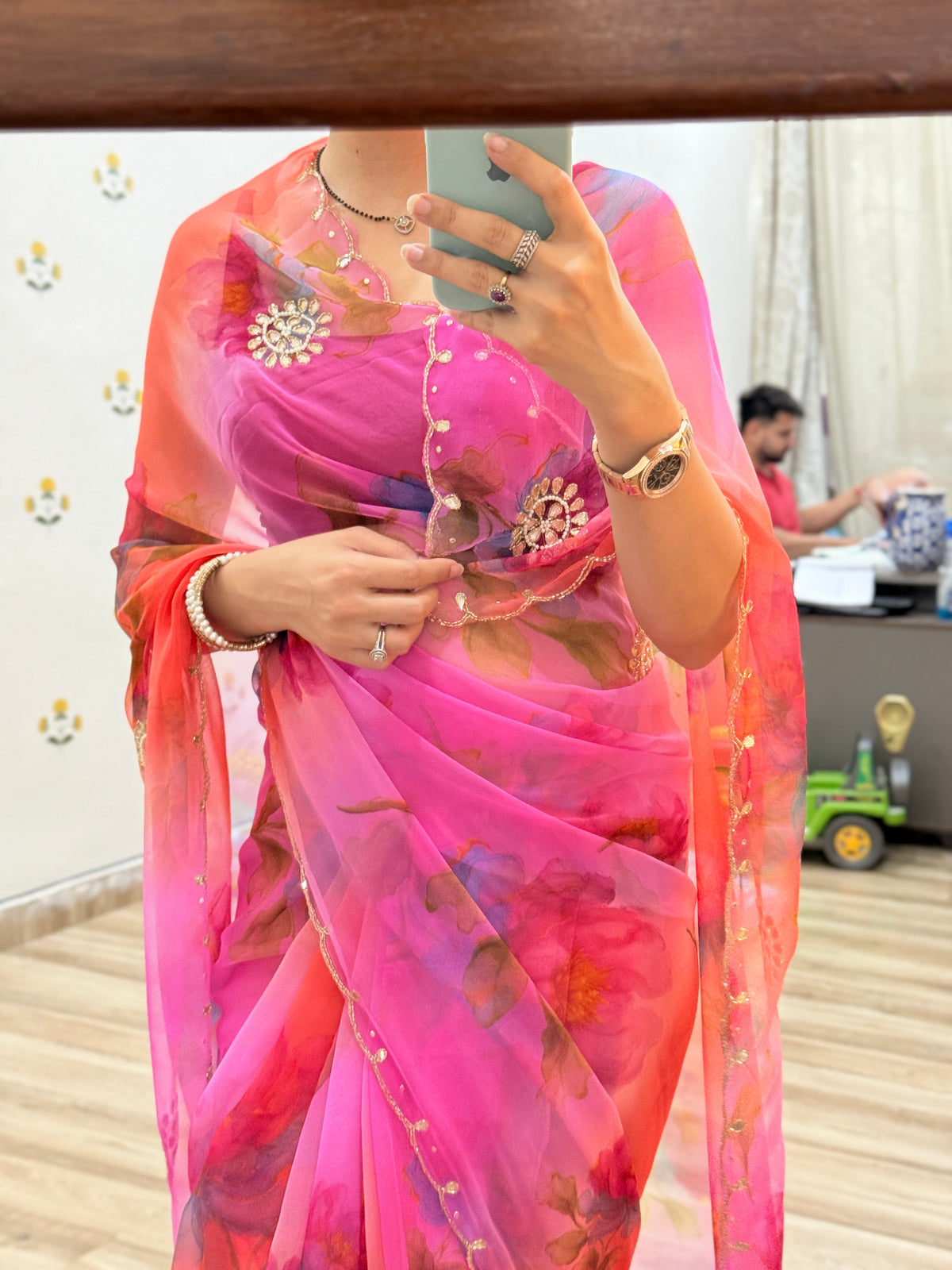 Pink Multicolour  |Pure Georgette Digital Printed Saree| Handwork cutdana detailing| Without blouse