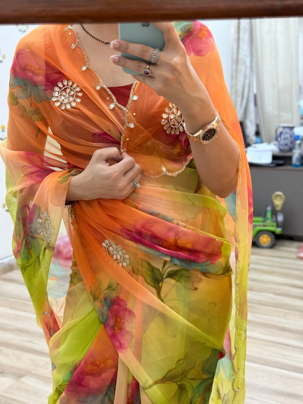 Green Multicolour |Pure Georgette Digital Printed Saree| Handwork cutdana detailing| Without blouse