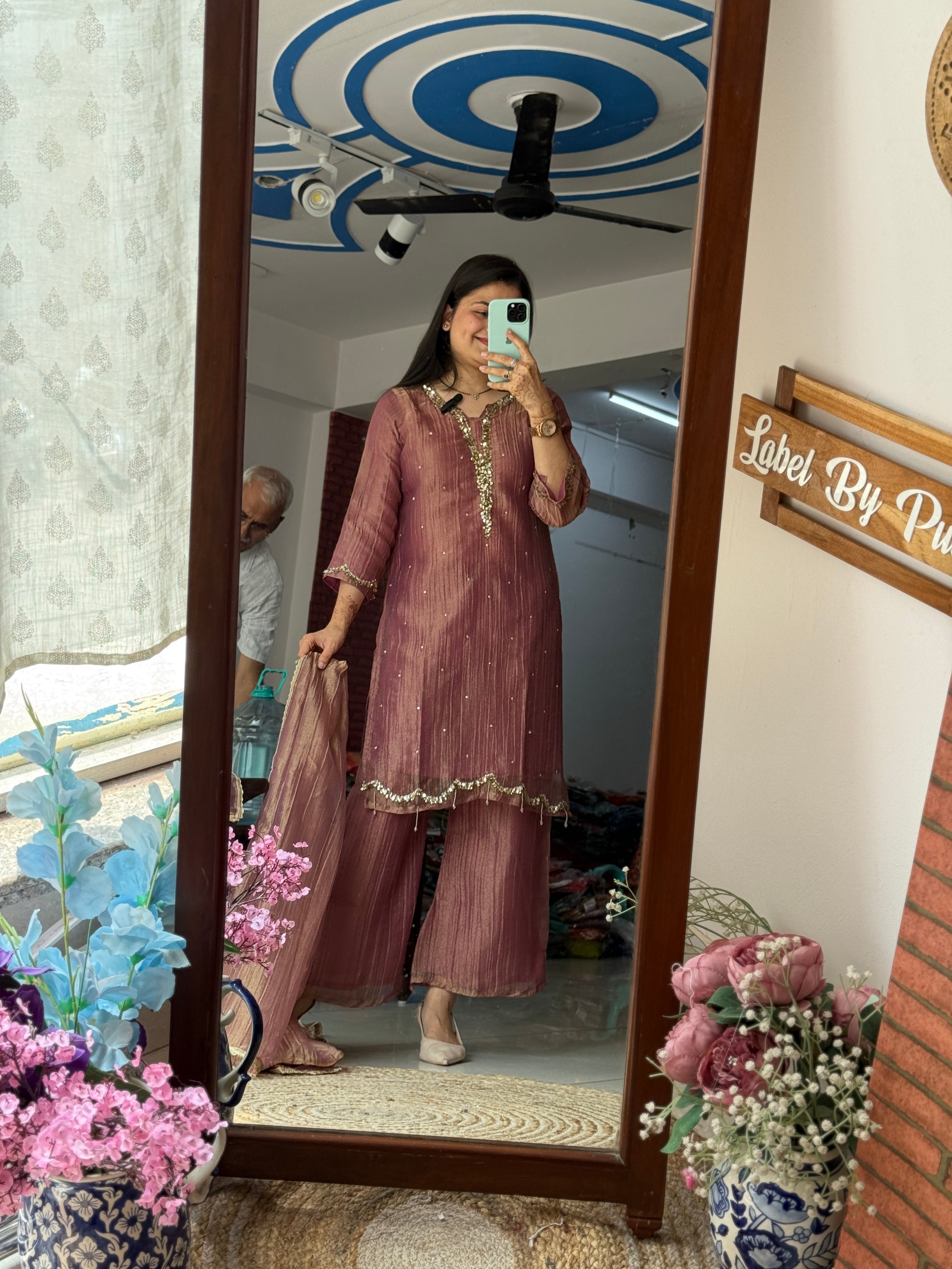 Minerva party wear Set| Crushed Tissue | lining in top + bottom | Hand Embroidered |Lacework Duppata