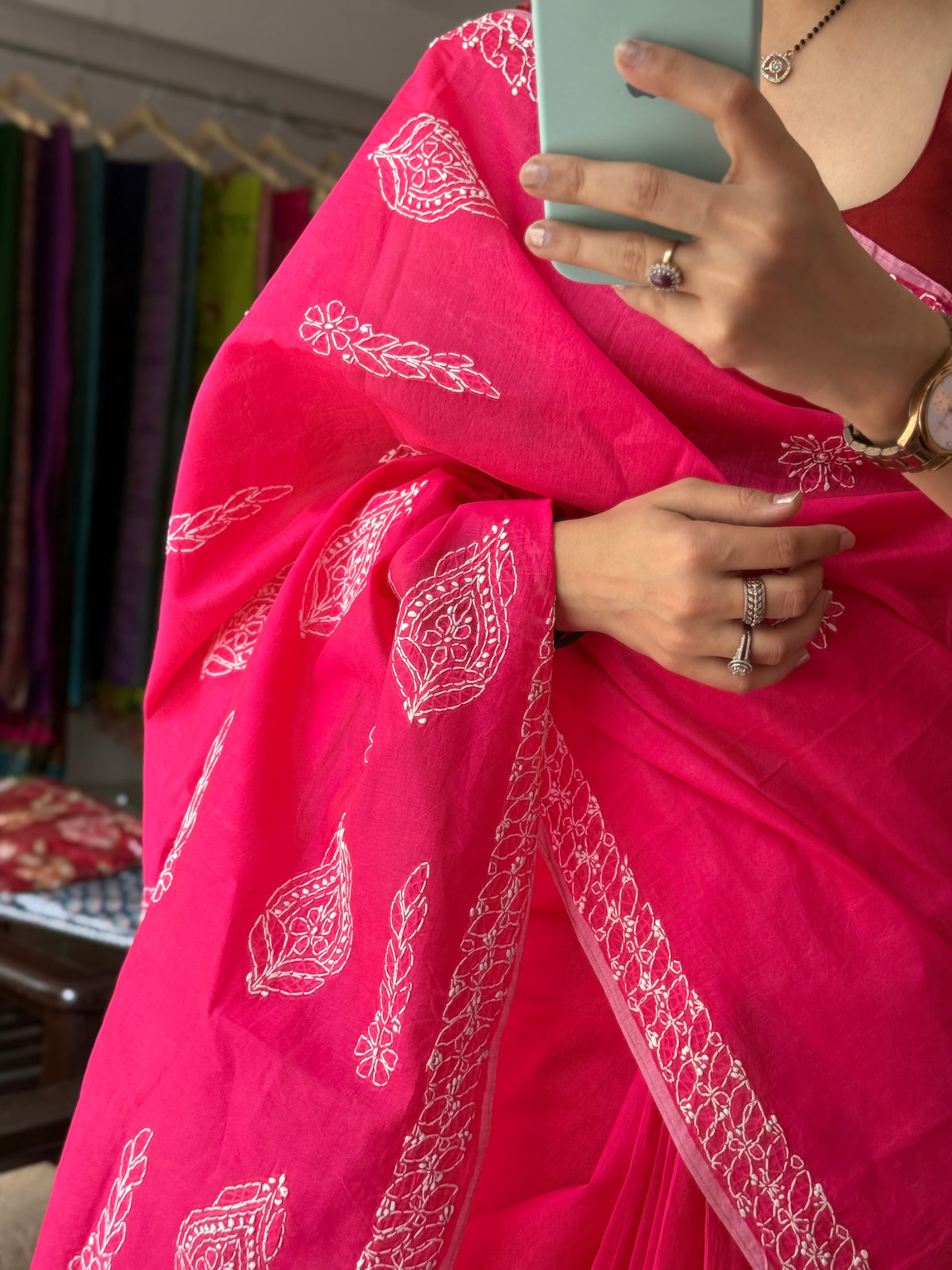 Pink Hand Embroidered Chikanakri Saree| Mul Chanderi Fabric| With embroidered blouse