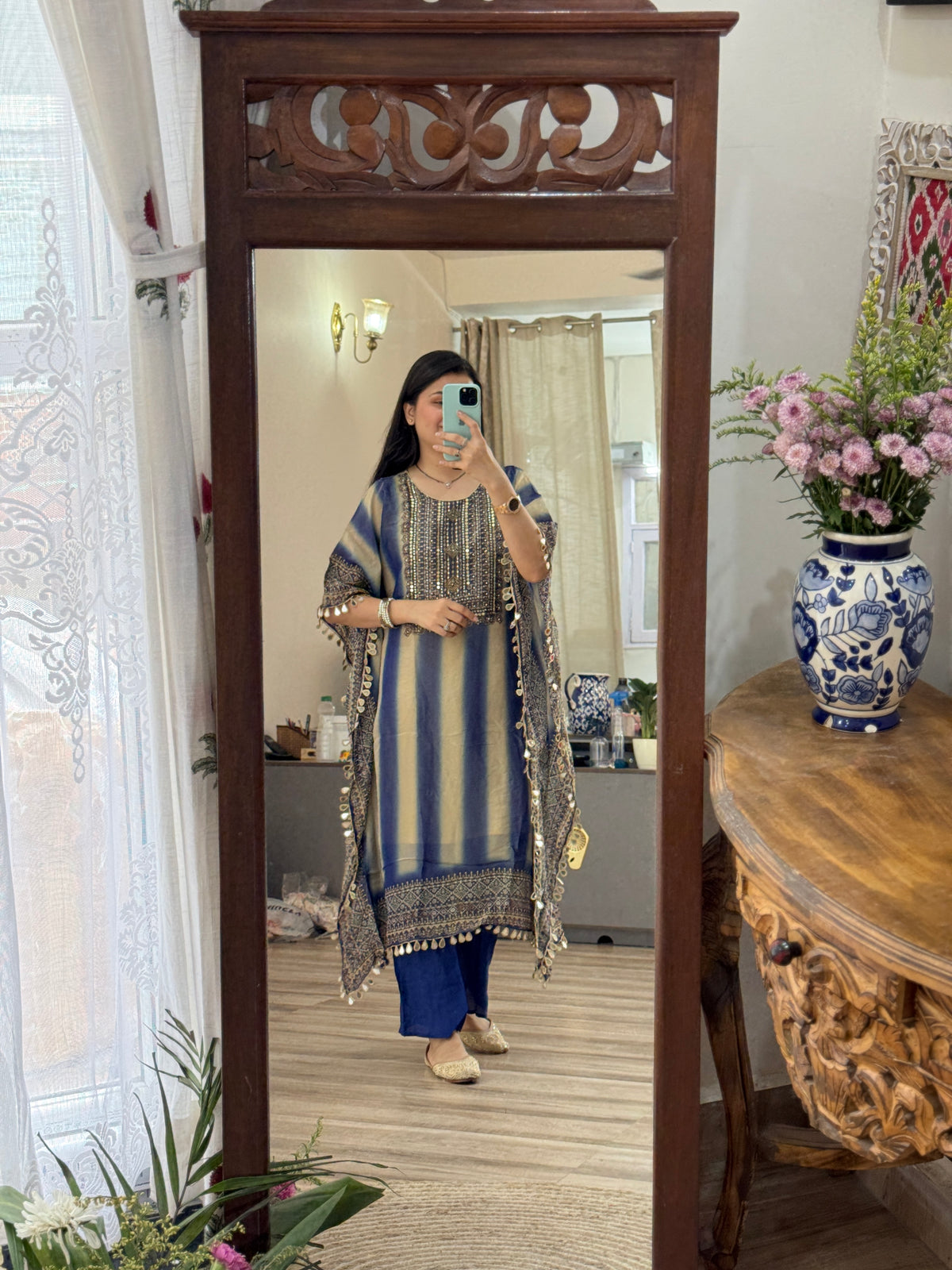 Tissue Shimmer Partywear Kaftan Set| With lining| Real mirror work| Hand Embroidered with