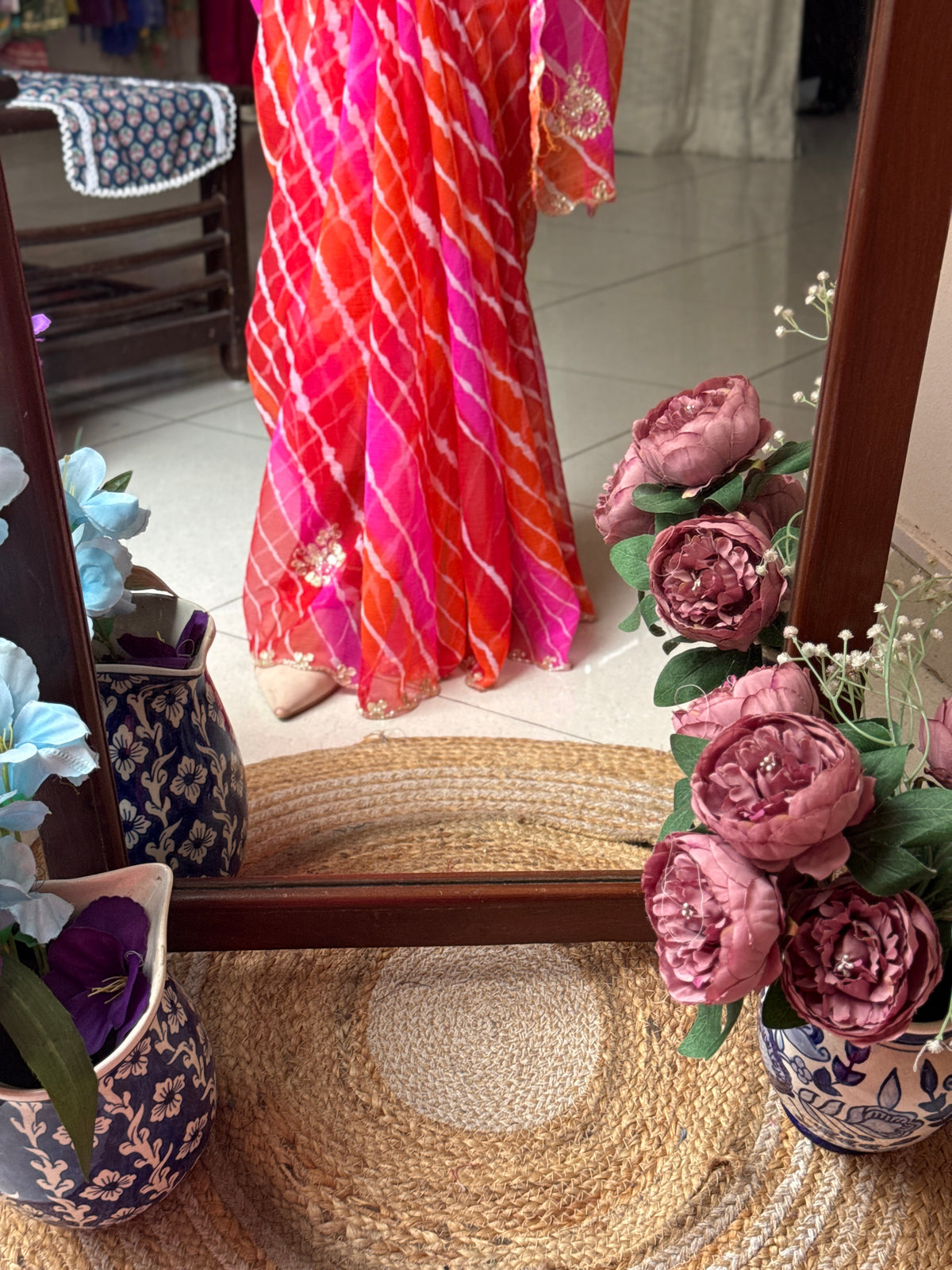 Orange Pink Pure Georgette Handblock Digital Printed Saree| Handwork cutdana buta detailing| With blouse