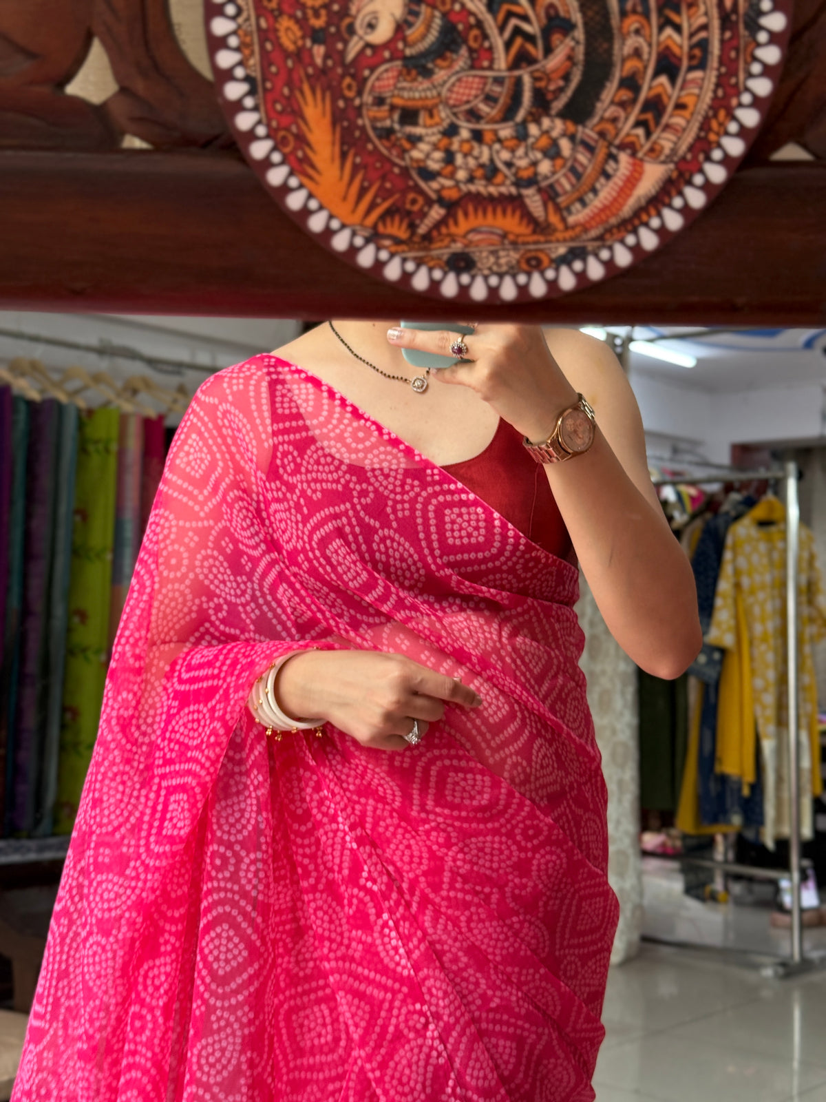 Peach Georgette Bandhani Saree|without blouse| Budget Friendly