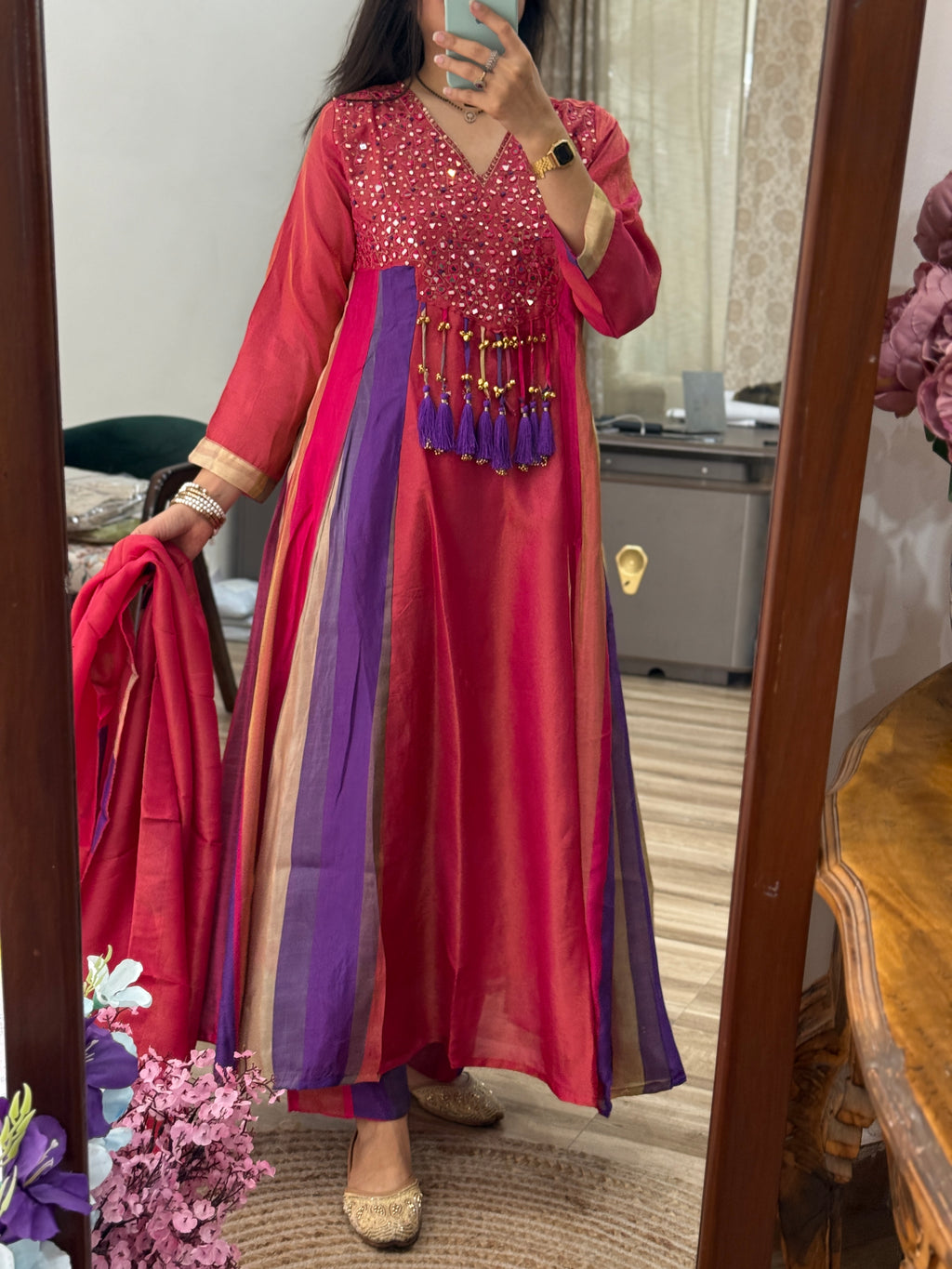 Trending Ghungroo Tissue Shimmer Suit Set | With cotton lining| Hanf Embroidered| Heavy Flair