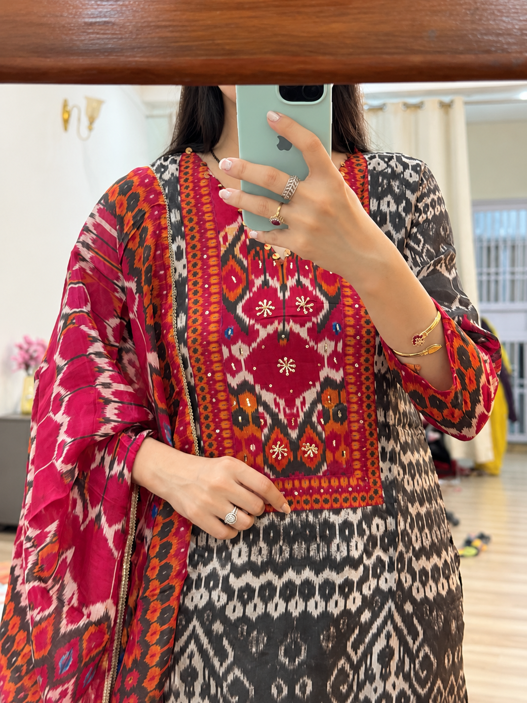 Ikat Print Muslin Suit| Cotton lining| Hand Embroidered| Comfy Partywear Suit