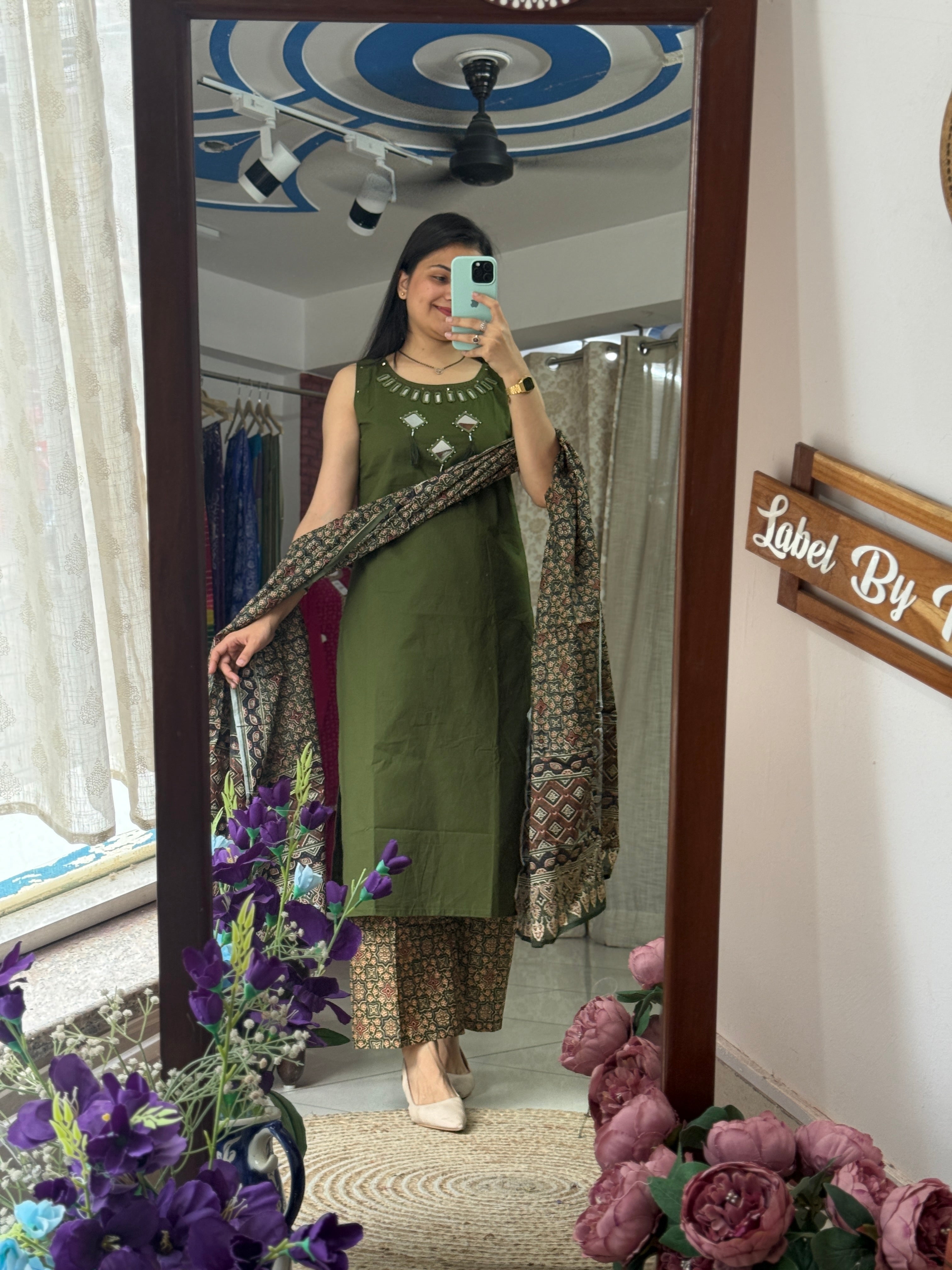 Green Ajrakh Sleeveless Suit Set