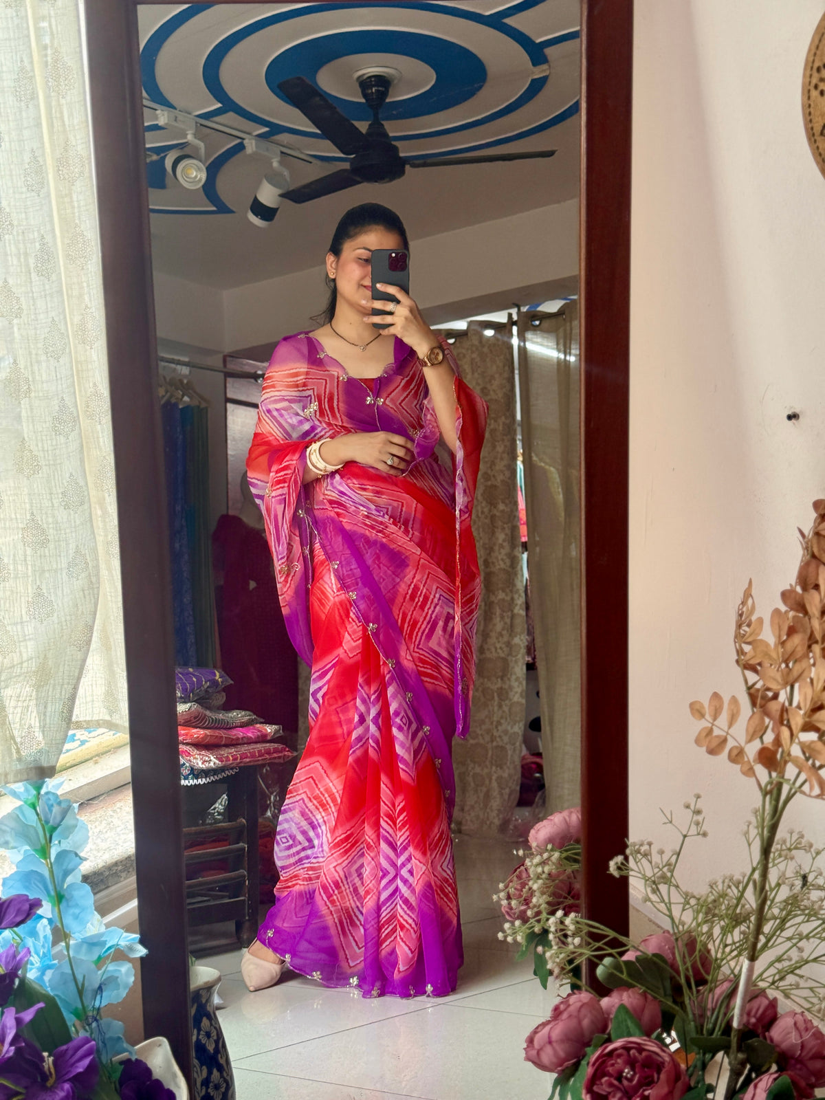 Dual Leheriya |Pure Georgette Digital Printed Saree| Handwork cutdana detailing| Without blouse