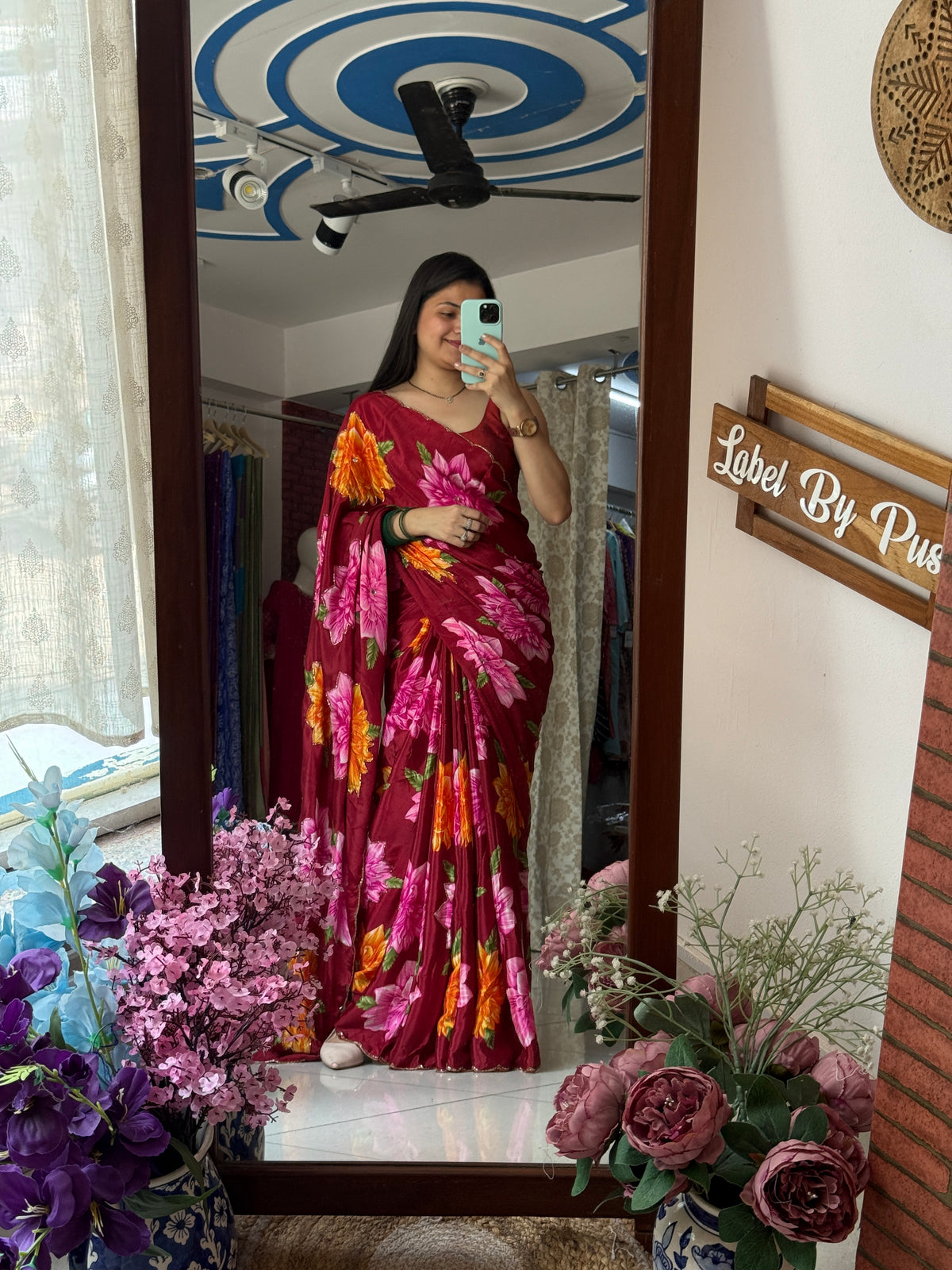 Deep Red cutdana Saree|  scallop border| With blouse| Crepe Fabric| Heavy hand embroidery on pallu & pleates