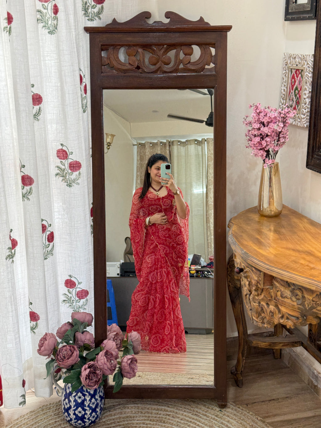 Red Bandhani  |Pure Georgette Handwork cutdana detailing| Without blouse