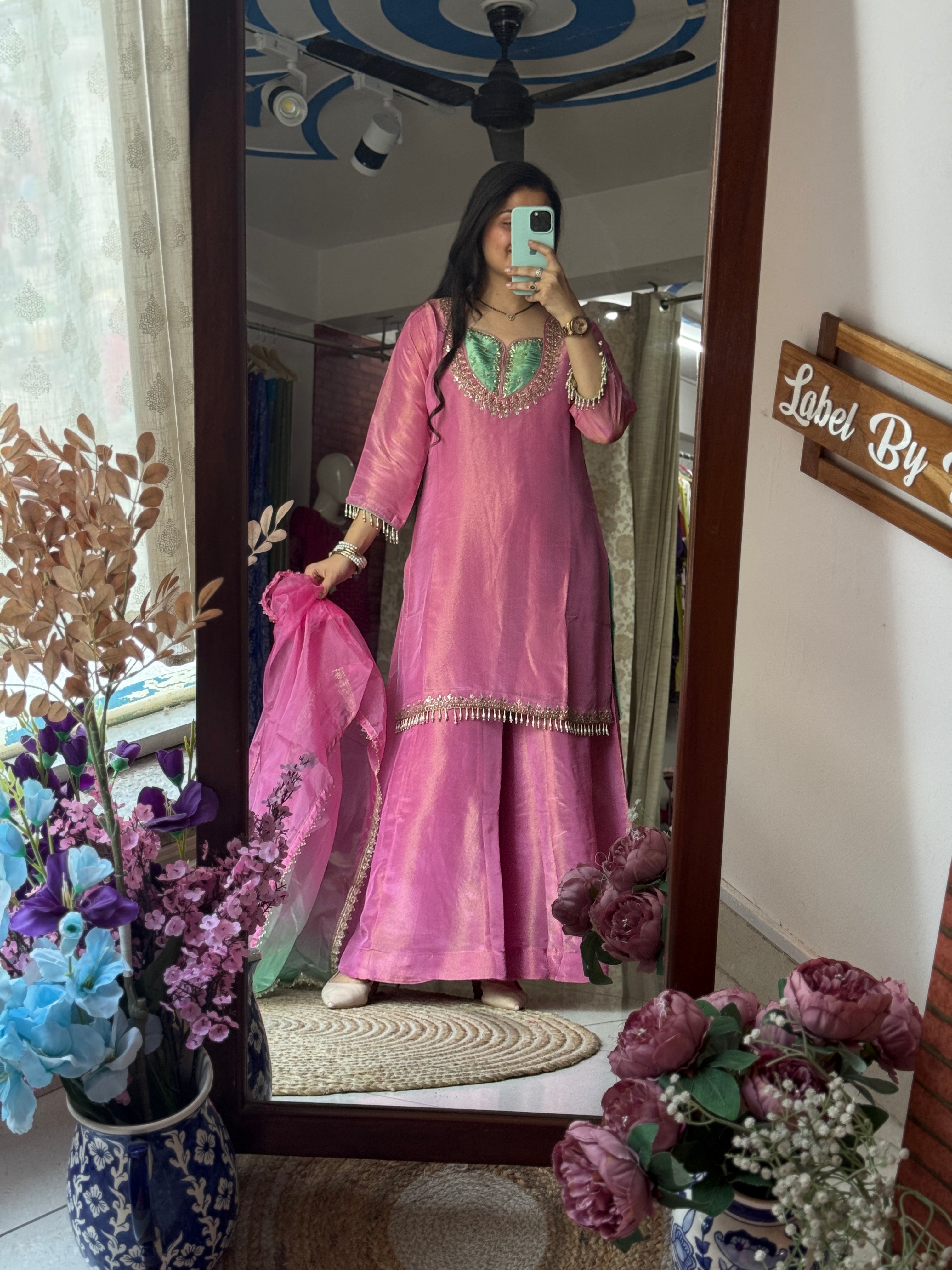 Rakhi Special Handwork Sharara Suit | Hand embroidered | With lining in top and bottom | dual tone Duppata|Tissue Shimmer