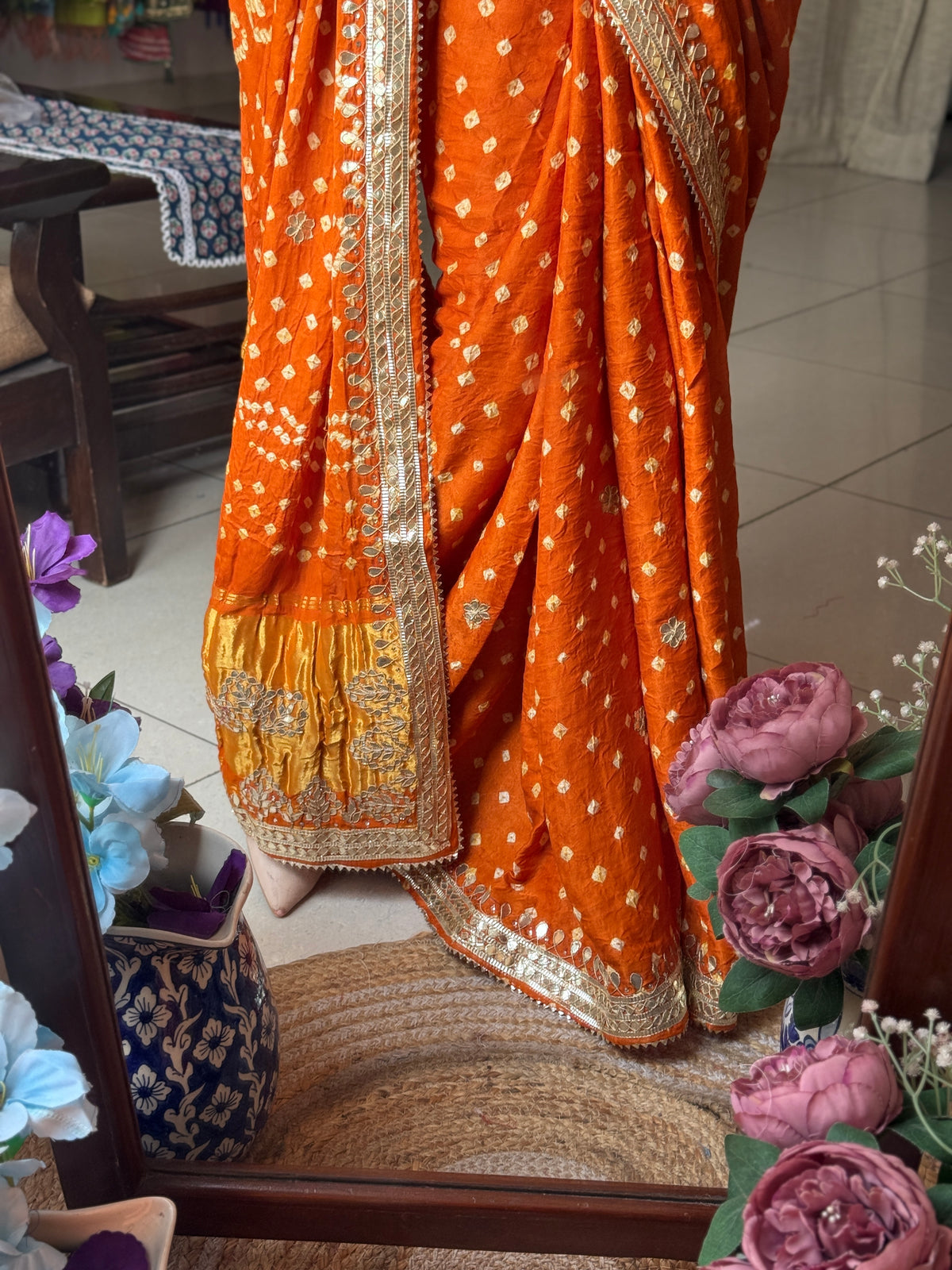 Golden Rust Pure Gaji Silk Bandhani Saree with Gotta Patti Handwork|Comes with blouse | Premium Handwork Saree