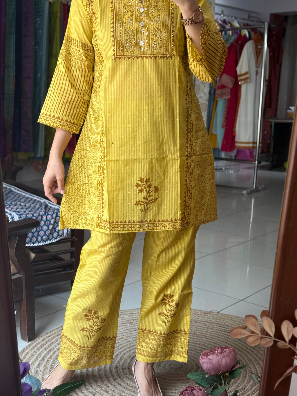 Hand embroidery cotton co ord set| Block printed
