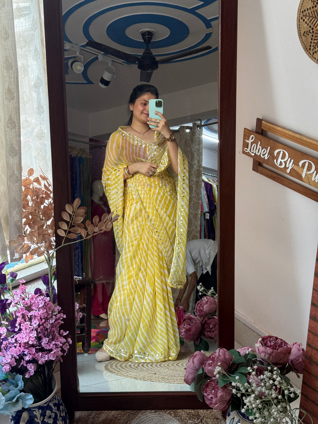 Lime Yellow Chiffon Leheriya Saree|  Handwork Gota patti work| With blouse