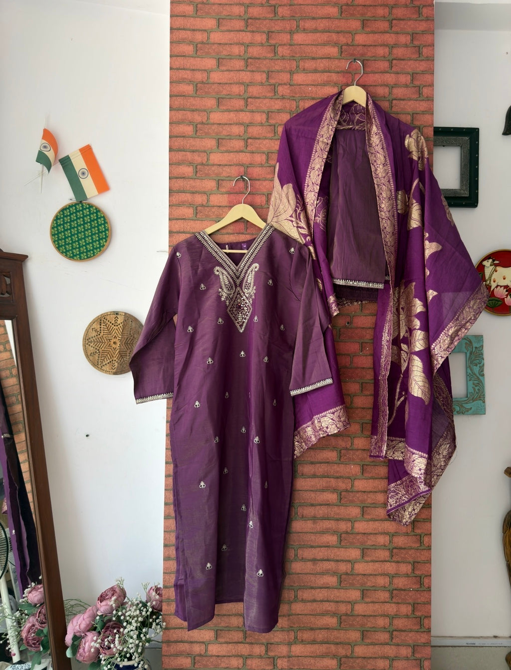 Purple Tissue Suit |With lining| Embroidered| Silk