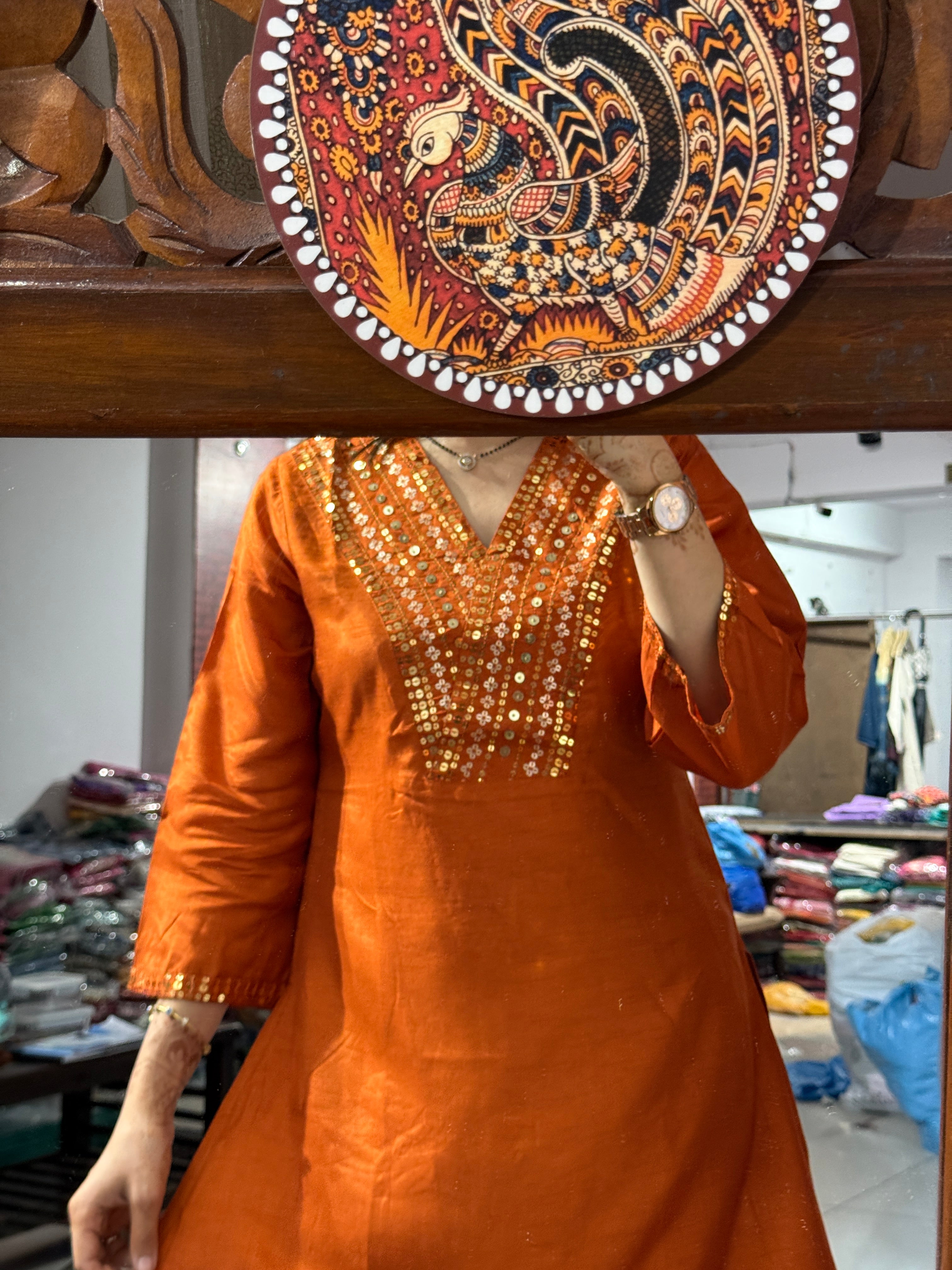 Orange Co Ord Set| Dola Silk | Cotton lining in top + bottom | soft Brocade Silk Pants