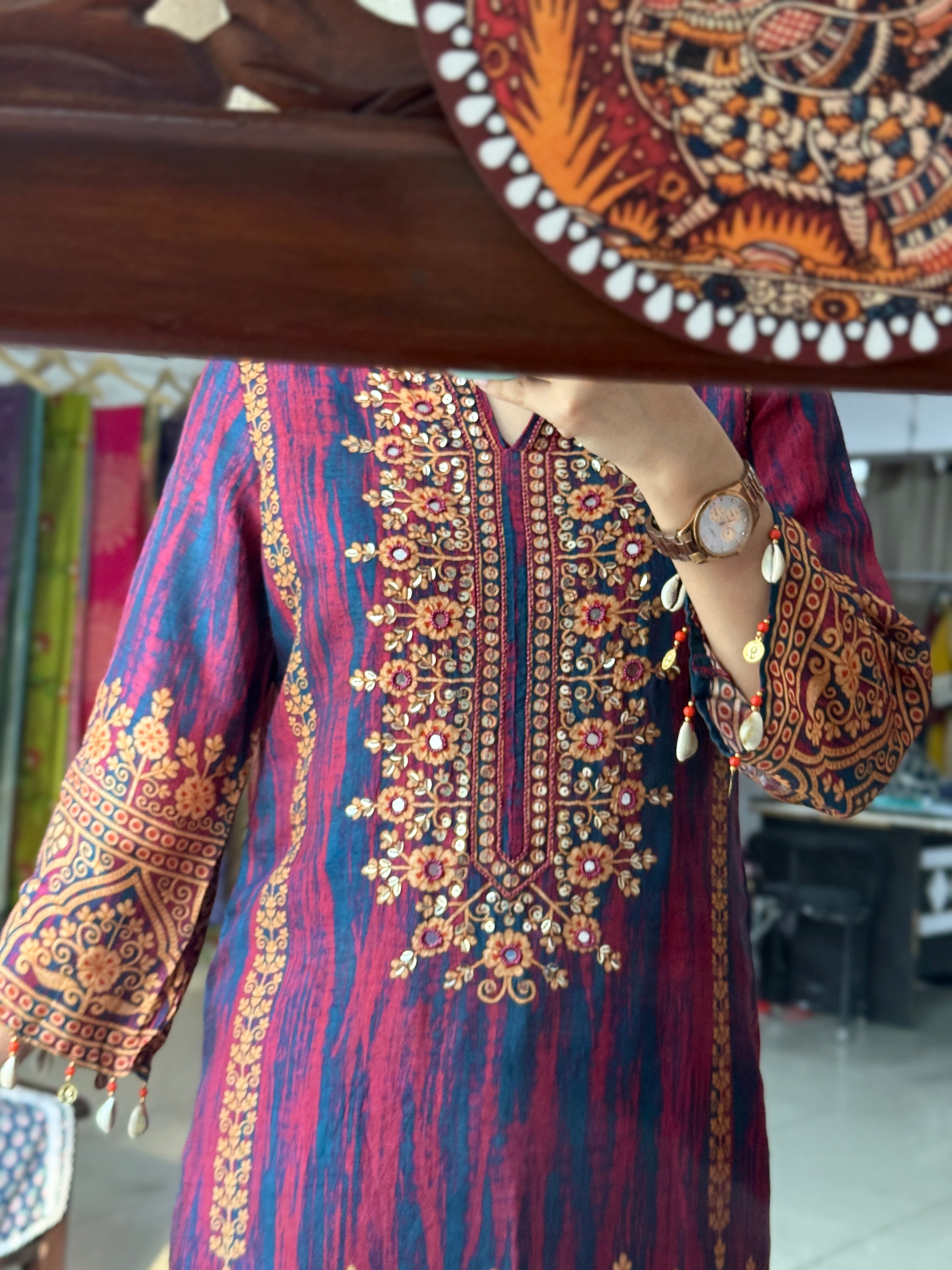 Dual tone Muslin Suit | Hand embroidered | Cotton lining| With Duppata|Farshi Salwar