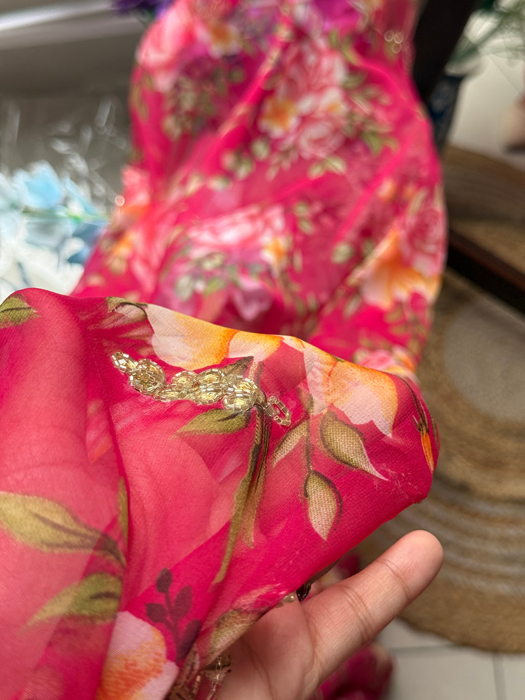 Crimson Pink Pure Georgette Handblock Digital Printed Saree| Handwork cutdana detailing| Without blouse