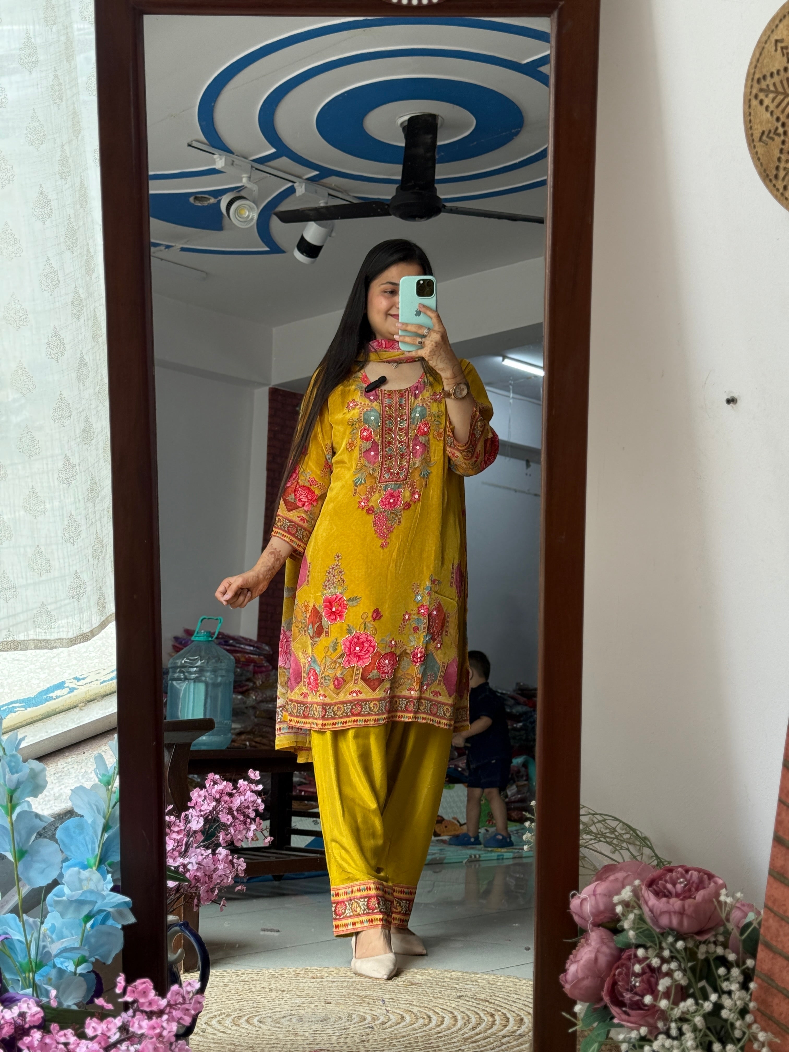Yellow floral Suit Set |Cotton lining | Hand Embroidered |Crepe| Salwar