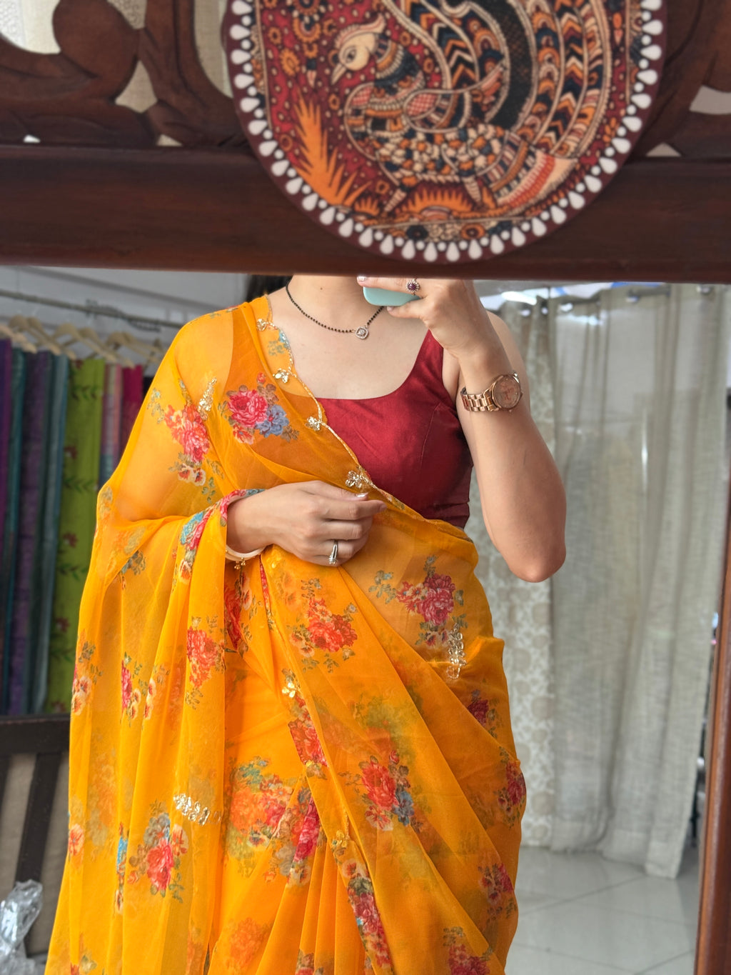 Yellow Pure Georgette Handblock Digital Printed Saree| Handwork cutdana detailing| Without blouse